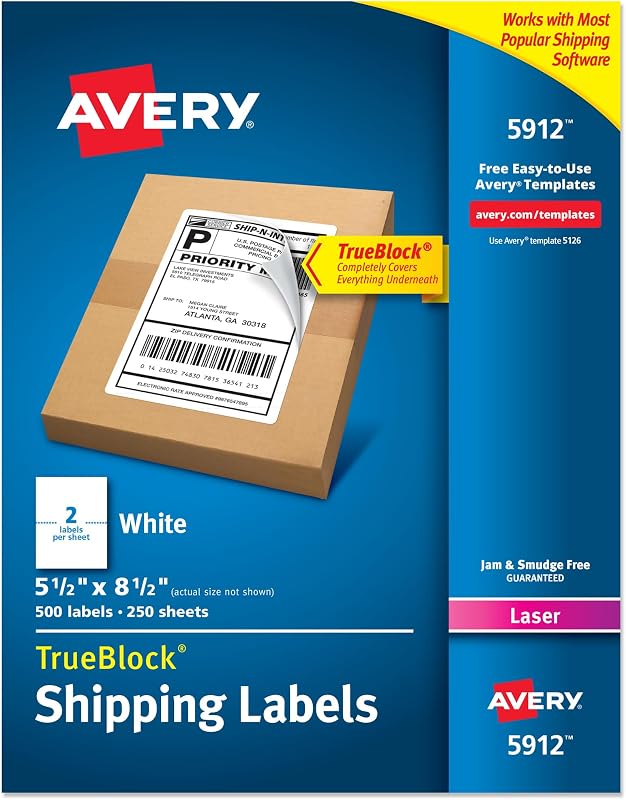 Avery® Etiquetas de envío imprimibles de media hoja, pegatinas personalizables de 5,5" x 8,5", blancas, 500 etiquetas de envío en blanco, ideales para envíos por correo, envíos, organización y más (5912)