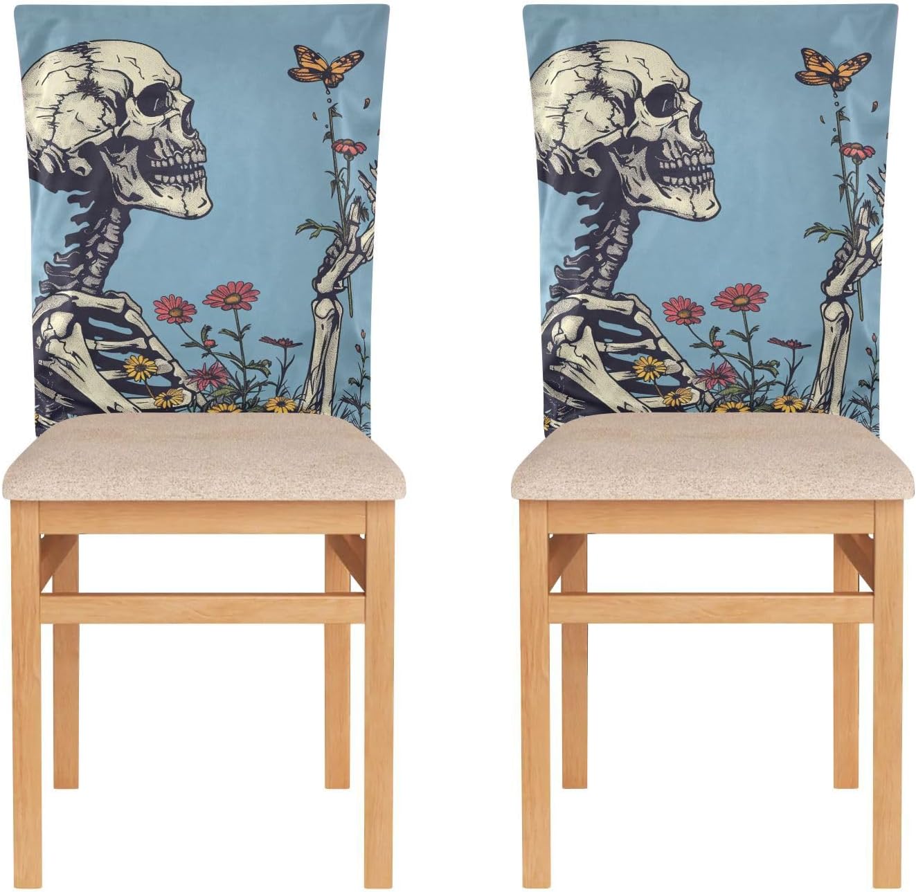 ALAZA Butterfly Skeleton Flowers Chair Back Cover Set of 6, Washable Reusable Removable Chair Slipcovers Decorative Chair Cover for Home Kitchen Wedding Party