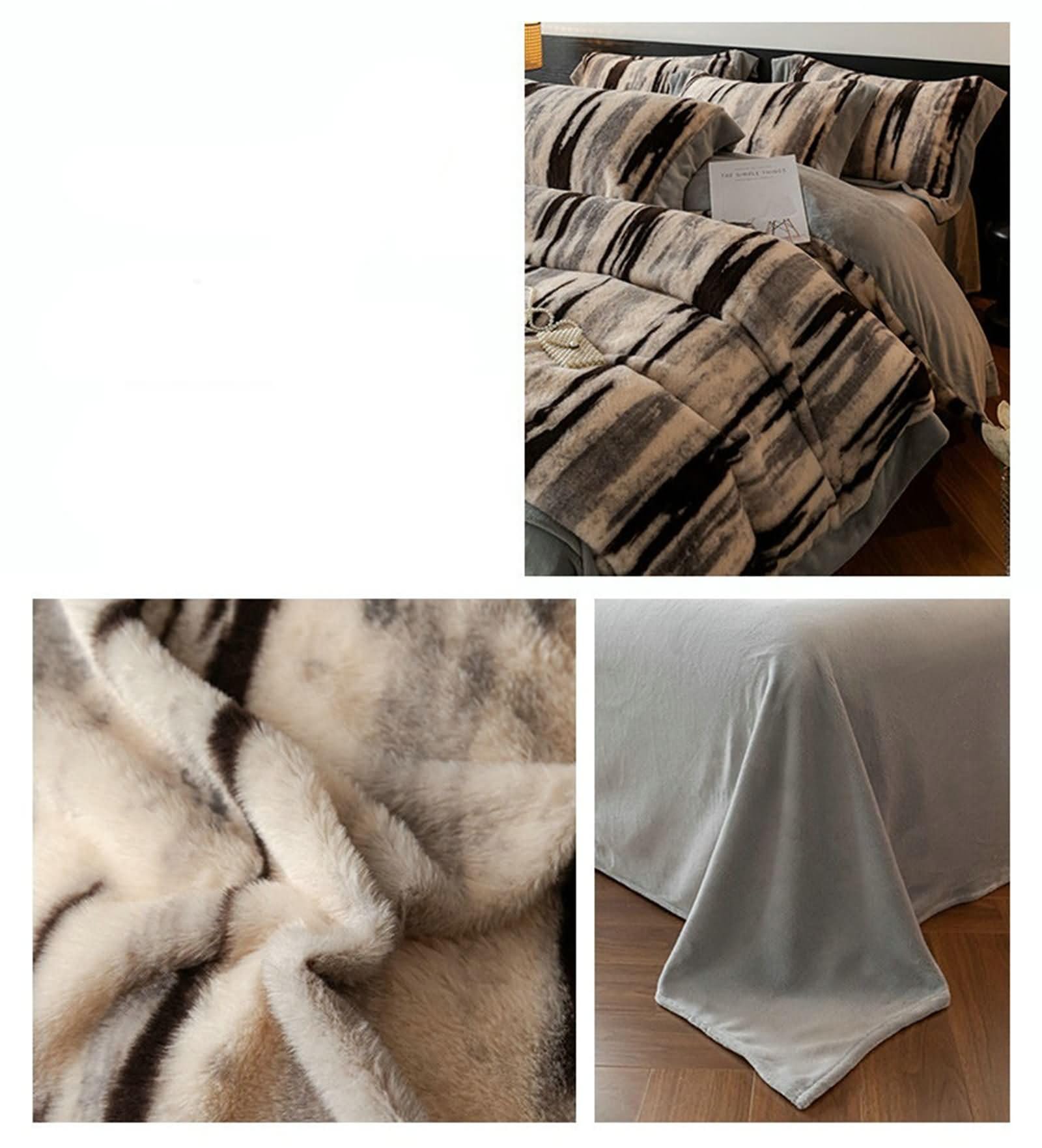 4-częściowy zestaw pościeli na łóżko 150 cm, poszwa na kołdrę 200 x 230 cm, prześcieradło z gumką 150 x 200 cm i 2 poszewki na poduszki, wzór w paski, miękki aksamit, szaro-czarny
