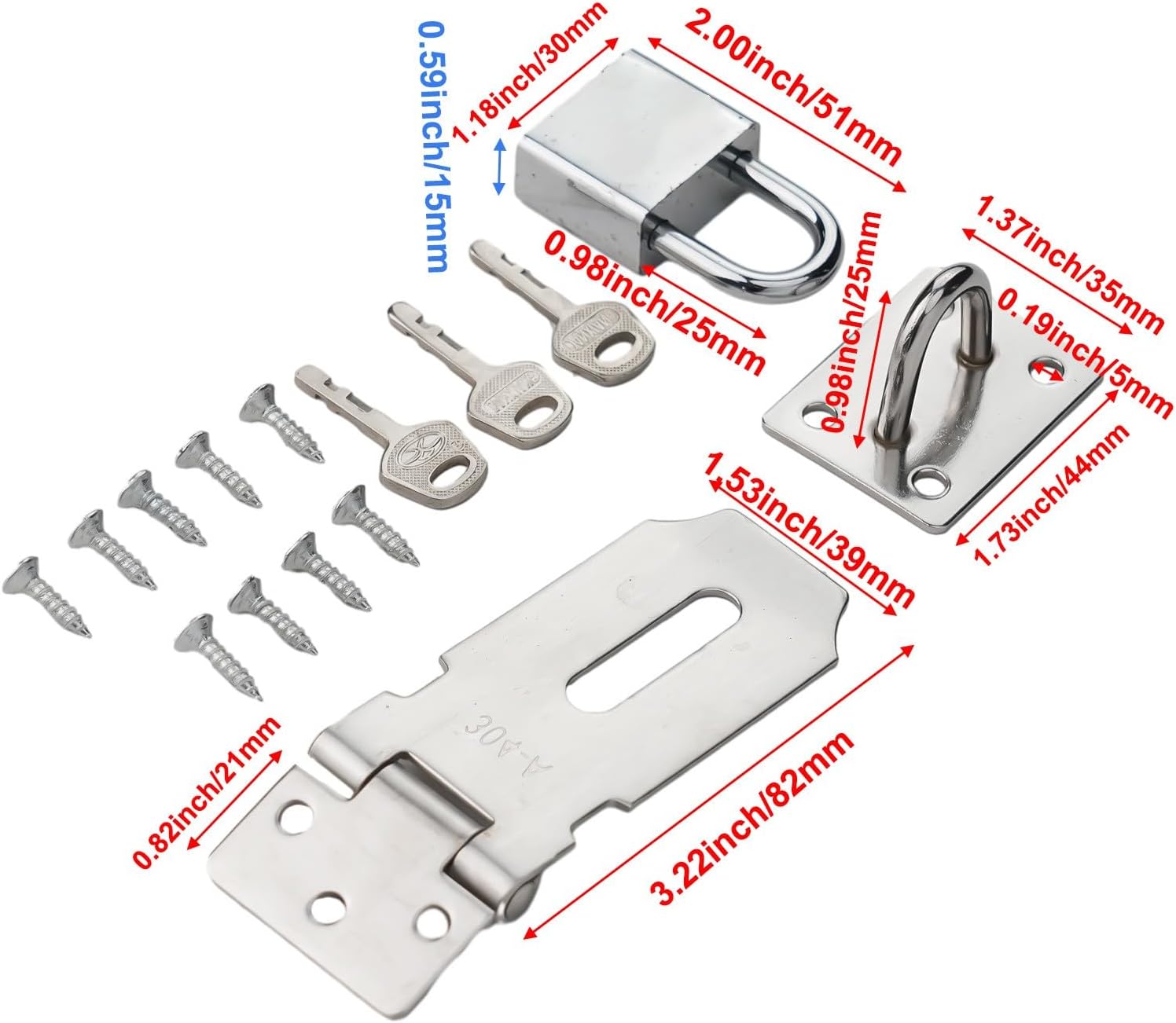 Heavy Duty Stainless Steel Door Hasp Lock with Padlock and Keys, 3 Inch Burglar-Proof Gate Latch for Shed, Cabinet, Tool Box, 90/180 Degree Installation
