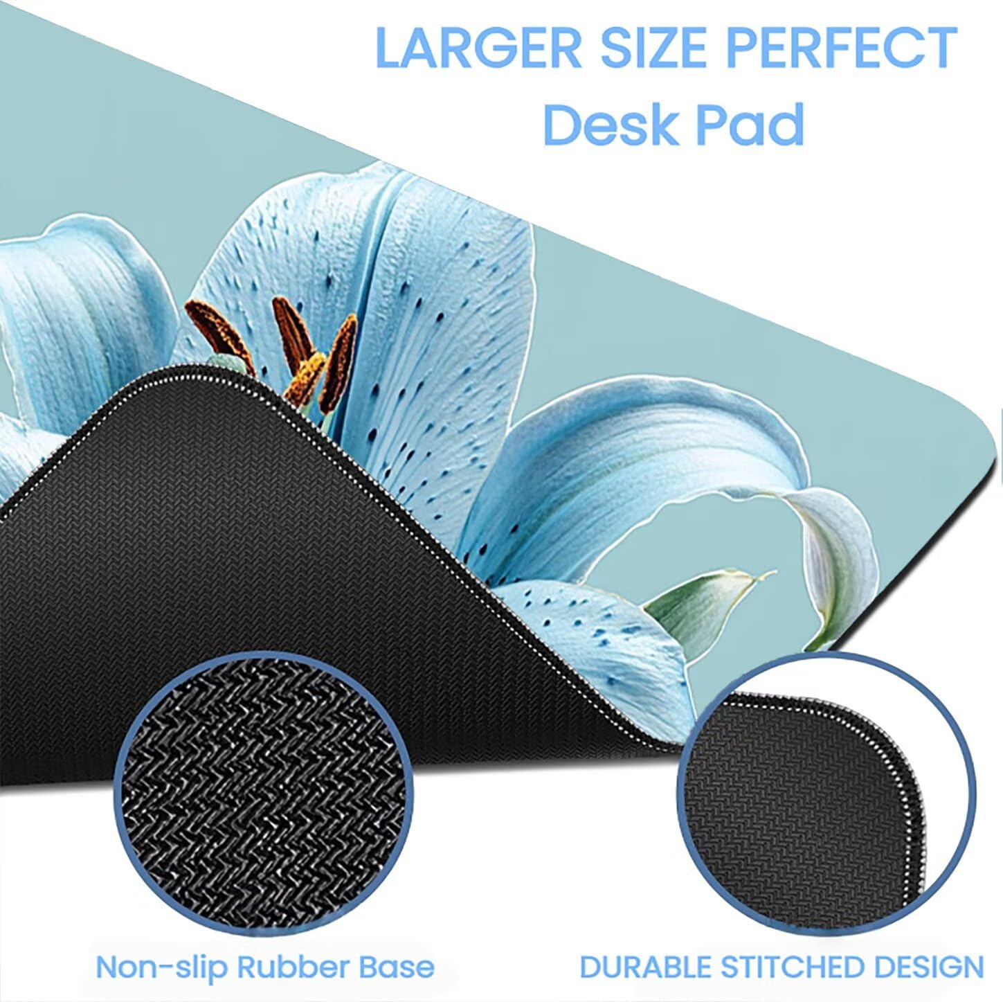Lpfieonn Blume Großes Schreibtischunterlage, XXL Schreibtischunterlagen, Blau XXL Wasserdicht Gaming Mousepad mit Vernähter Rand und Rutschfeste Gummibasis, für Laptop/Hause/Büro 120x60cm PF-1813