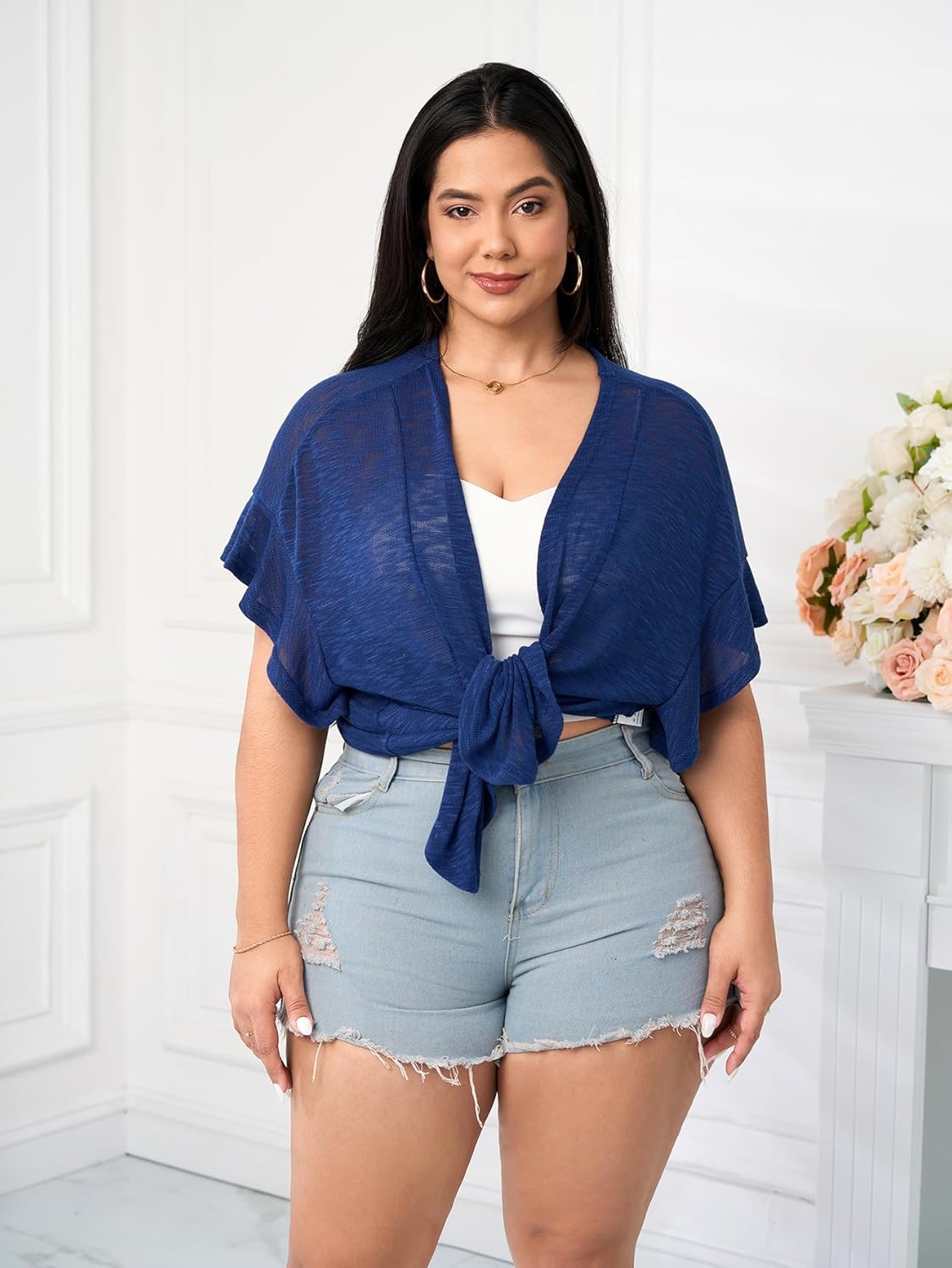 SCOMCHIC Women Plus Size Lightweight Cardigan Summer Kimono Ruffle Short Sleeve Open Front Casual Tops Beach Cover Up - Image 5