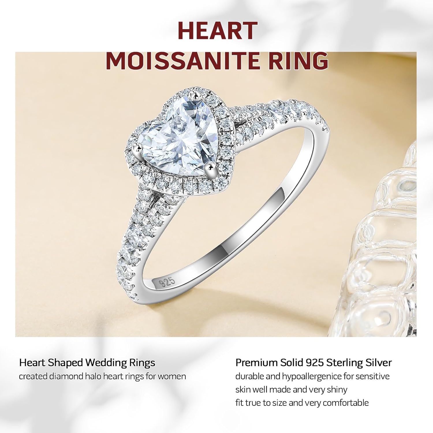 DAYBYDAY Moissanite Rings for Women 925 Sterling Silver Created Diamond Wedding Ring D Color VVS1 Heart/Pear/Cushion/Round Cut Moissanite Engagement Rings Size 6-10