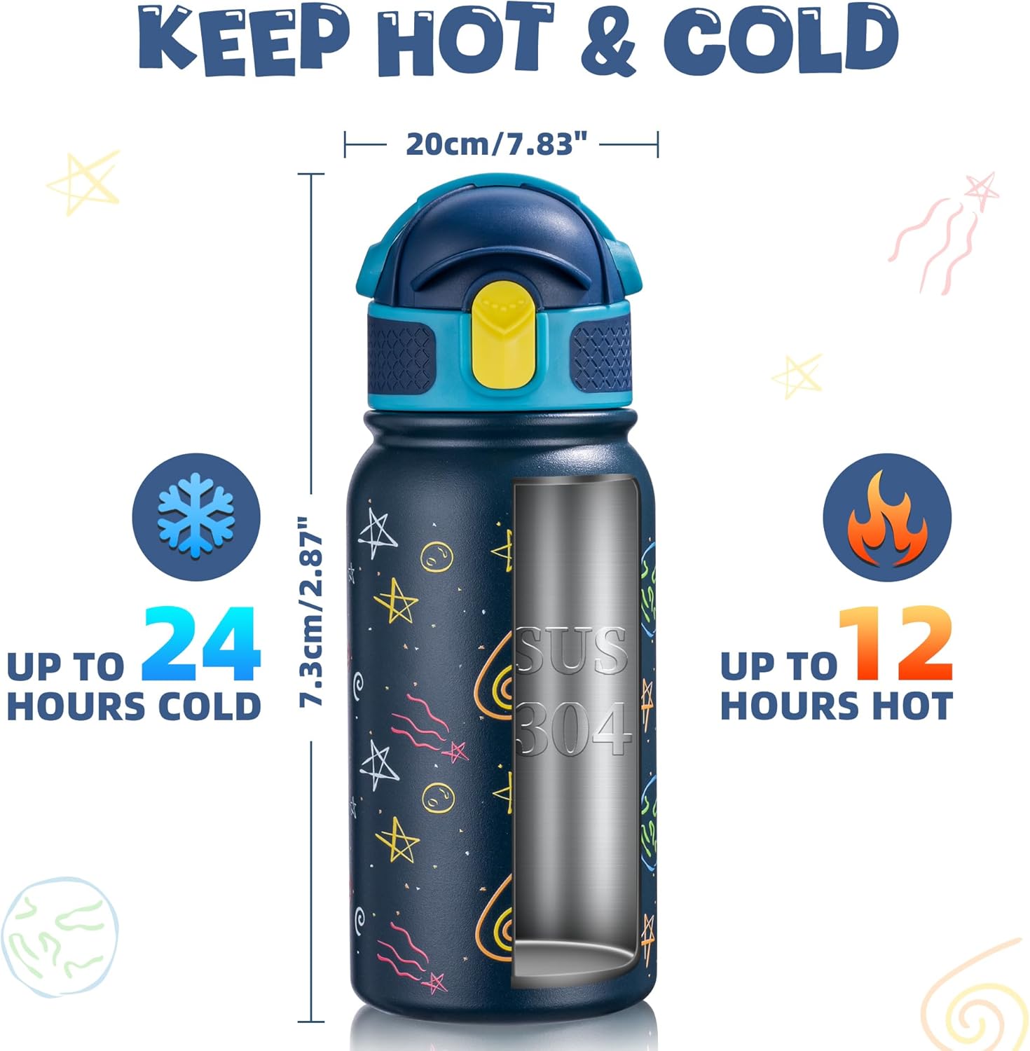 OLDLEY Kids Water Bottle 12oz Insulated Water bottle, Double Wall Stainless Steel Vacuum Bottle, Leak-Proof Sport Bottles for School Boys Girls,Navy Sky - Image 3