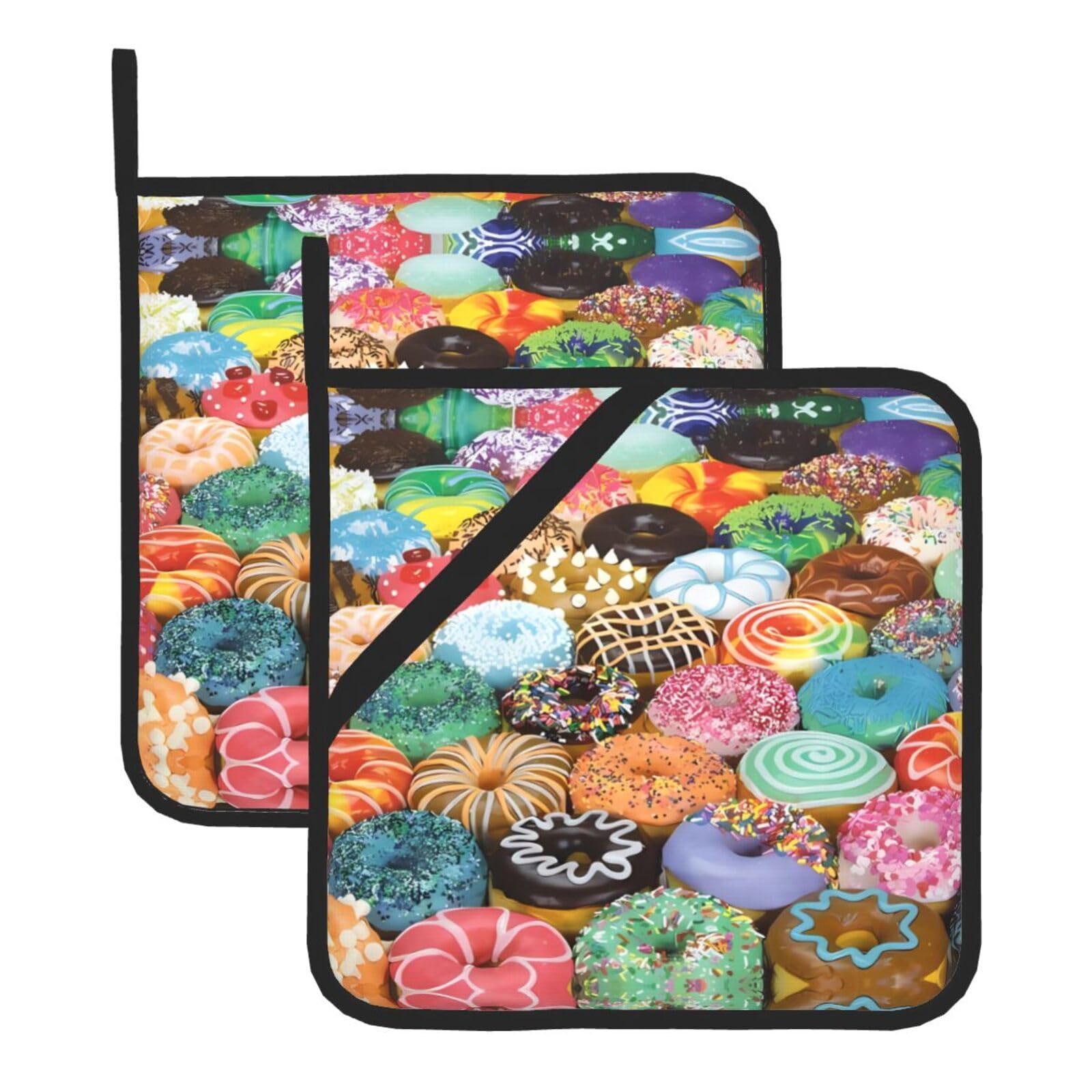 WHJSSF Donuts Prints Square Pot Holders - Heat Resistant Kitchen Trivets 2-Pack - Waterproof Covers for Hot Dishes, Oven & Grill with Hanging Loop