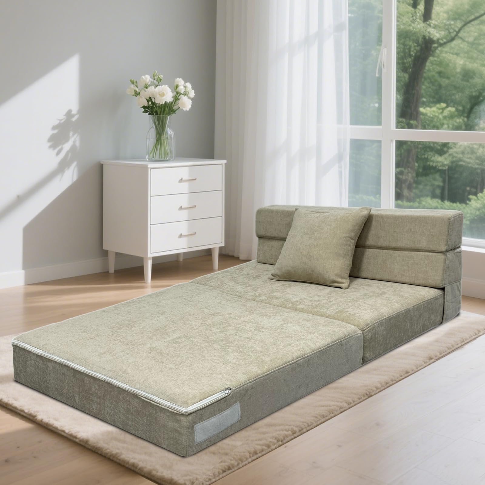 ANONER 100 x 190 cm Schlafsessel klappbar, Gästesofa Klappbar 100 x 190 cm, Schlafsofa Klappsessel mit Memory Schaum & Kissen, Faltbares Tragbarer Stuhl für Wohnzimmer Lofts, Waschbar Set, Beige