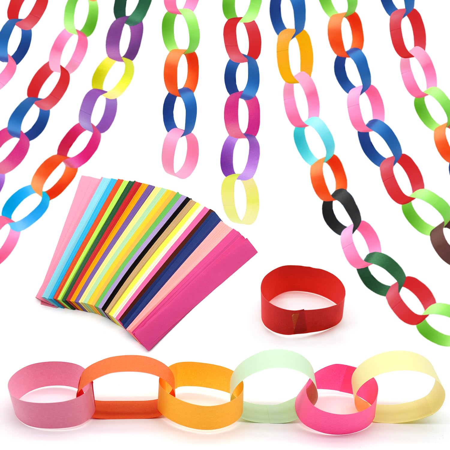 Anvin 1200 Pcs Vibrant Colorful Paper Chain Links Kit - 1x8 Inch Pre-Cut Strips with Double-Sided Tape for DIY Crafts, Party Decorations, and Holiday Garland