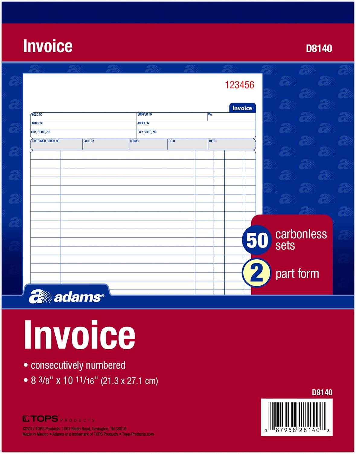Adams Invoice Book, 8-3/8 x 10-11/16 Inches, 2-Part, Carbonless, White/Canary, 50 Sets per Book (D8140)