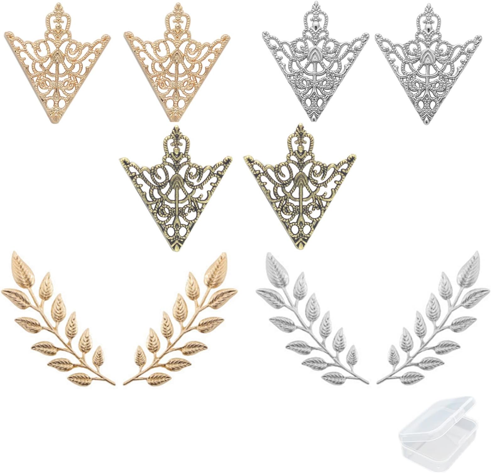 GenericZaky 5 Pairs Retro Hollow Pattern Shirt Collar Brooches Accessories - Triangle & Simple Elegant Double Leaf Collar Pin Brooches Gold Silver Plant Brooch Set with Box