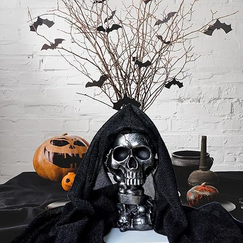 Miniatura 4 de Maceta de calavera decorativa gótica de resina, plateada y negra, mesa, hecha a mano, diseño detallado