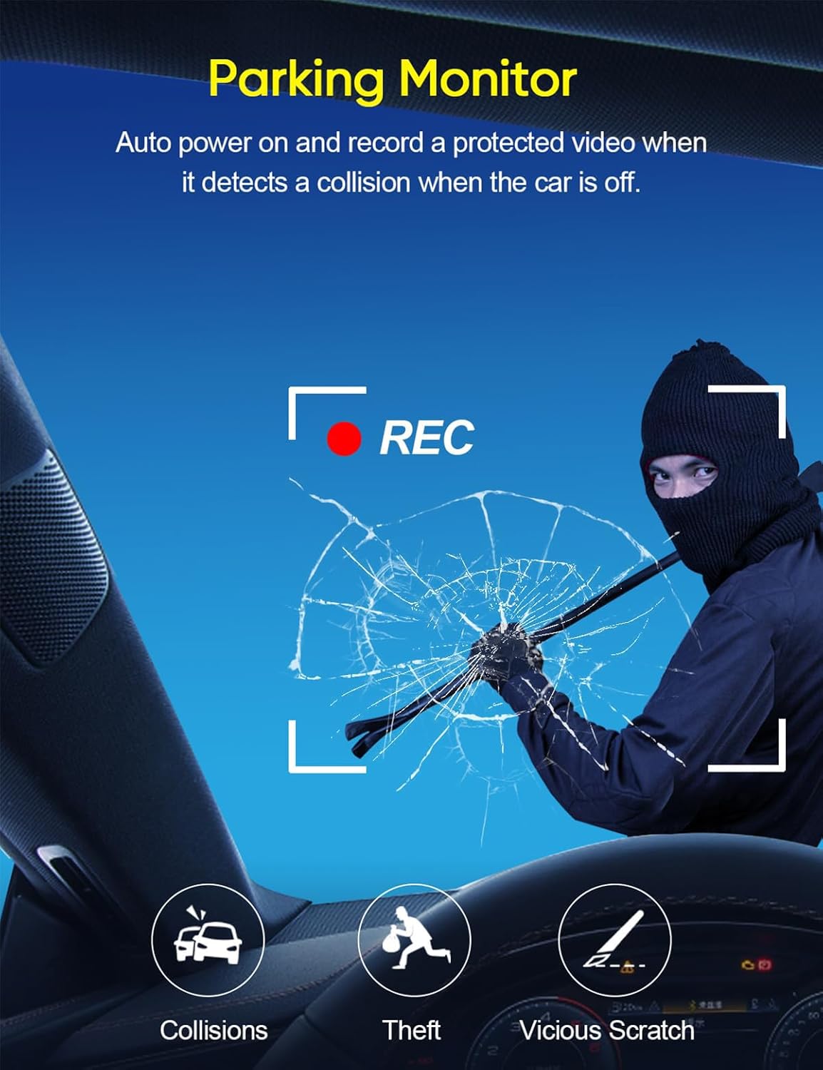 Unifizz 3 Channel Dash Cam Front and Rear Inside 1080P Dashcam Three Way Triple Car Camera with IR Night Vision, Loop Recording, G-Sensor, 24 Hours Recording, Support 128 GB