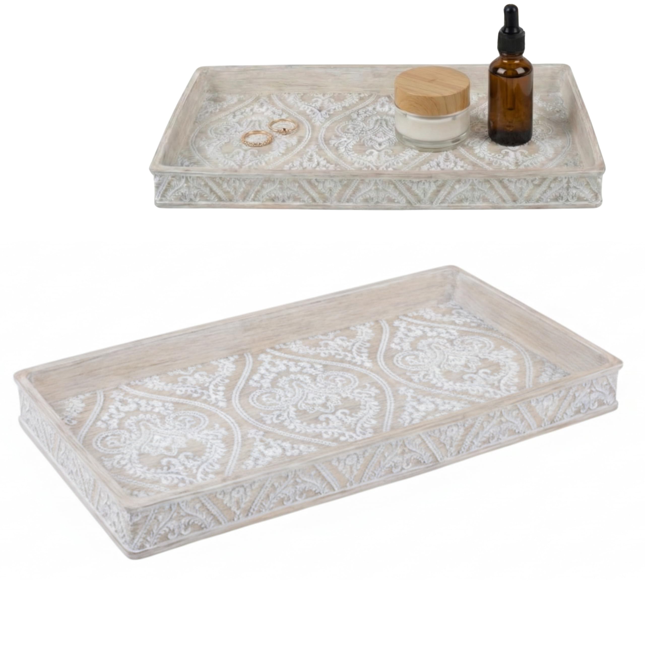 Prostokątna taca z serii Damask – dekoracyjna półka do łazienki, sypialni, przedpokoju lub na biżuterię – relief kwiatowy – 31 x 15 cm – kremowa