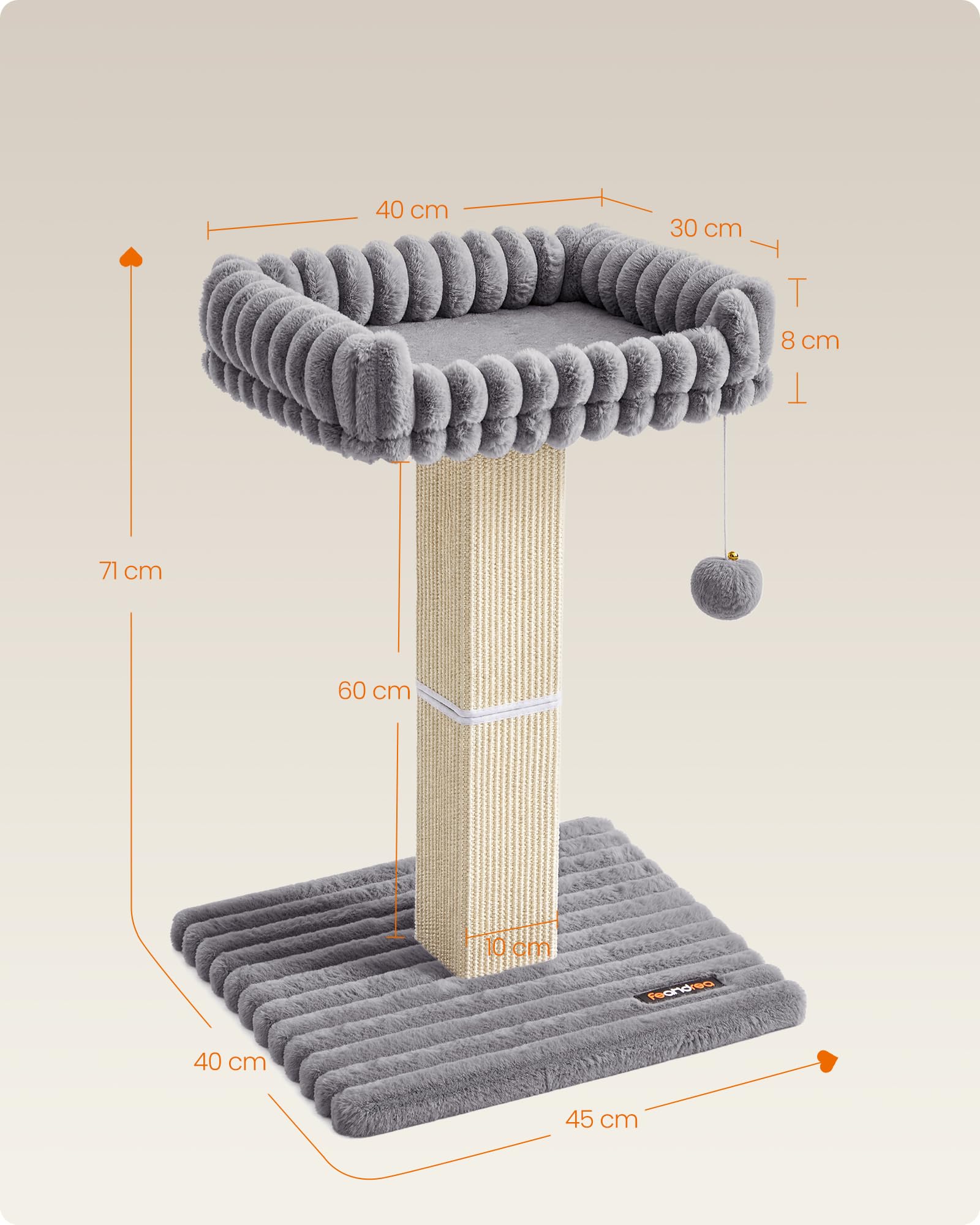Feandrea drapak, wieża z miękką platformą, mebel dla kota o wysokości 71 cm, wykonany z plecionego sizalu, na podstawie 45 x 40 cm, wyposażony w puszystą zawieszkę, jasnoszary PCA022G201