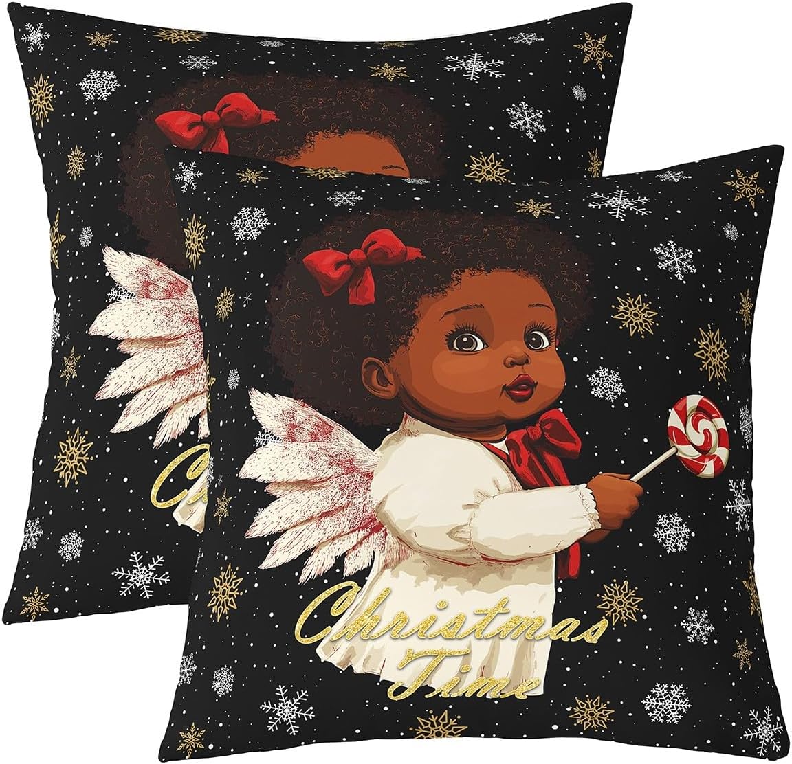 Feelyou Merry Christmas Throw Pillow Covers Set of 2 Black Girl Angel Square Cushion Covers Xmas Pray Pillow Case African American Women Cushion Case for Couch Sofa Bedroom Decor 24 x 24-Inch