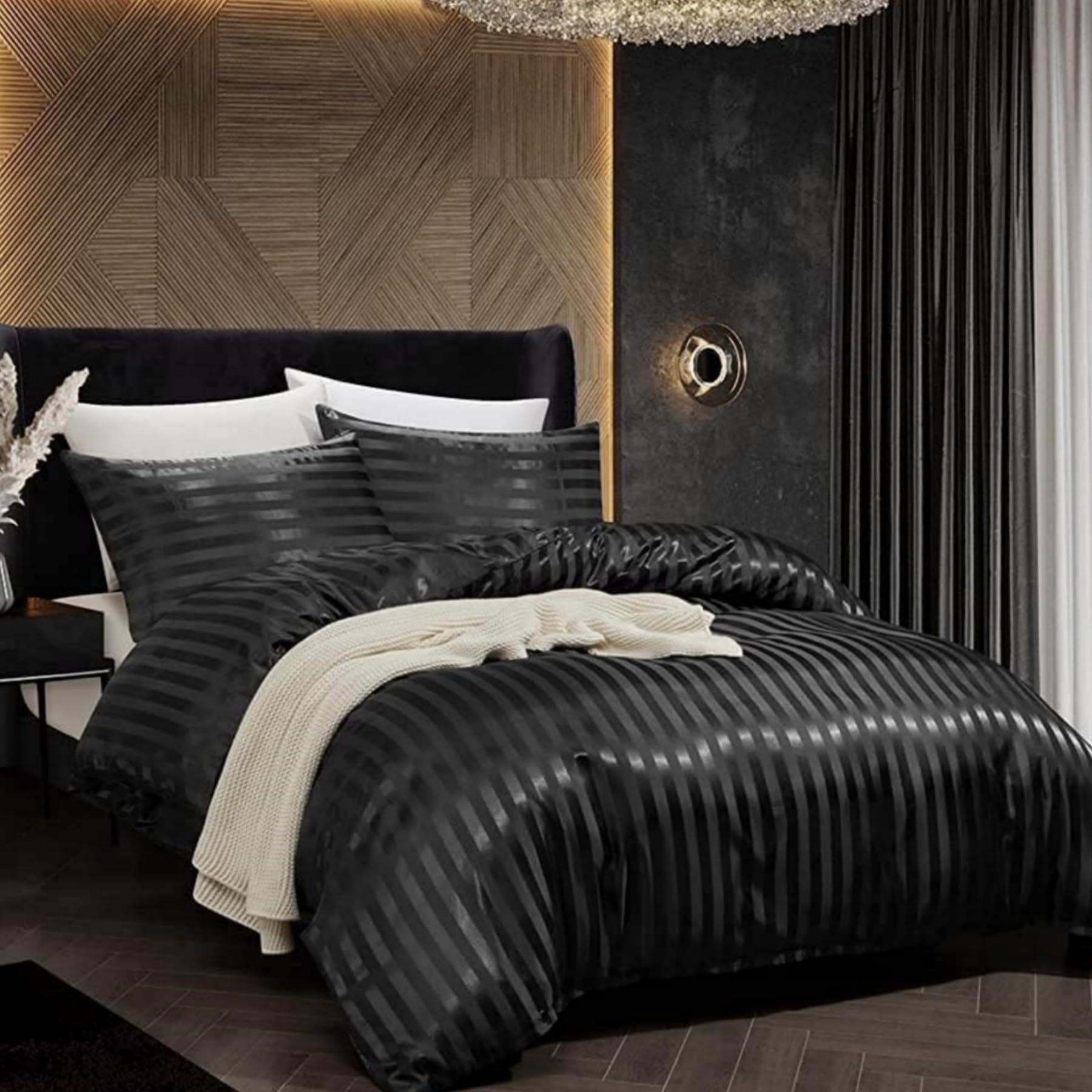 Gezu - Set di biancheria da letto con copripiumino 240x260 cm nero in satin a righe, set letto 240x260 per adulti 2 persone, biancheria da letto in satin di seta liscio e sottile con chiusura lampo e