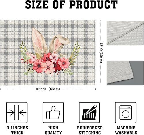 Miniatura 4 de Juego de 4 manteles individuales de Pascua con orejas de conejo, diseño de búfalo gris, 12 x 18 pulgadas, impermeables, resistentes al calor, para