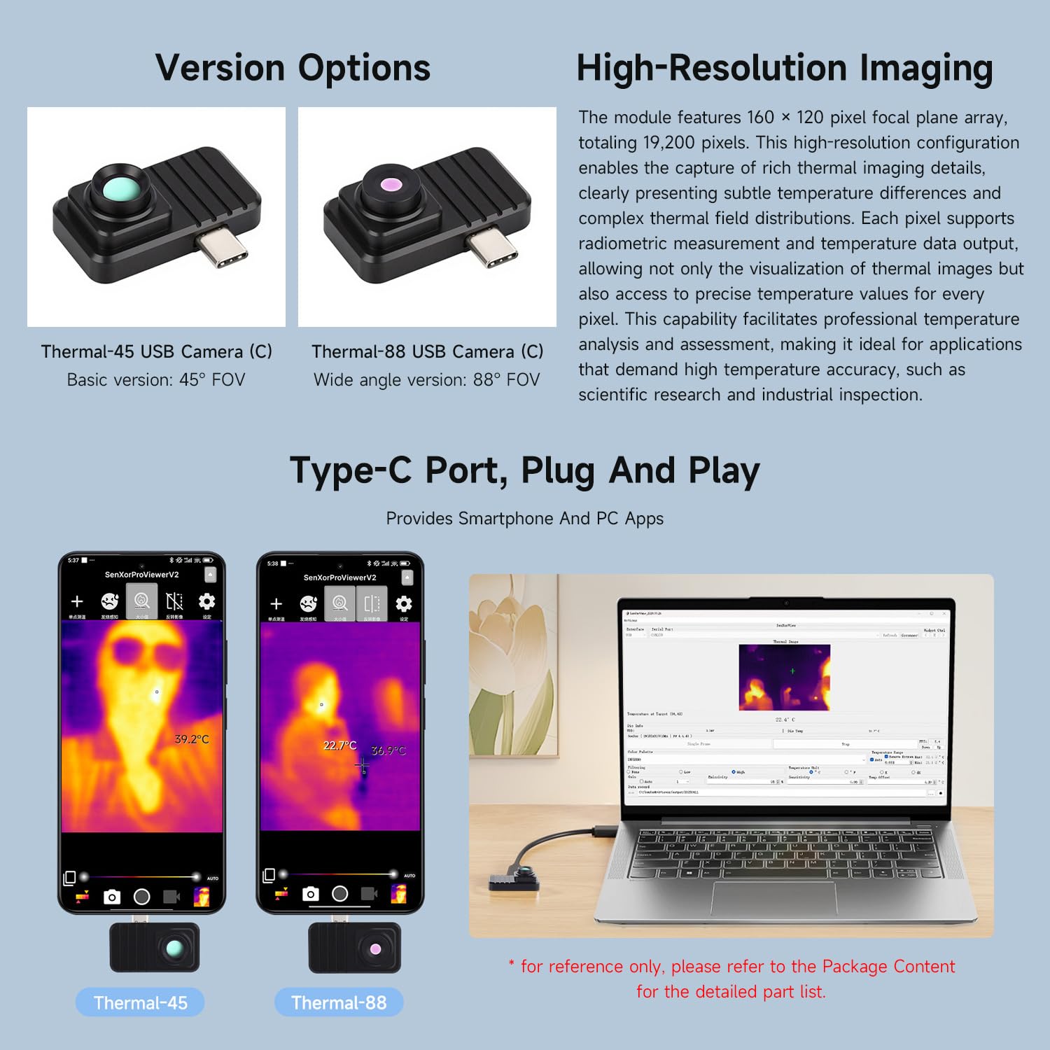 Waveshare Mobile Infrared Thermal Imaging Camera, Type-C Interface, Plug-and-Play, 160×120 Resolution, 88° Field of View, Aluminum Alloy Case