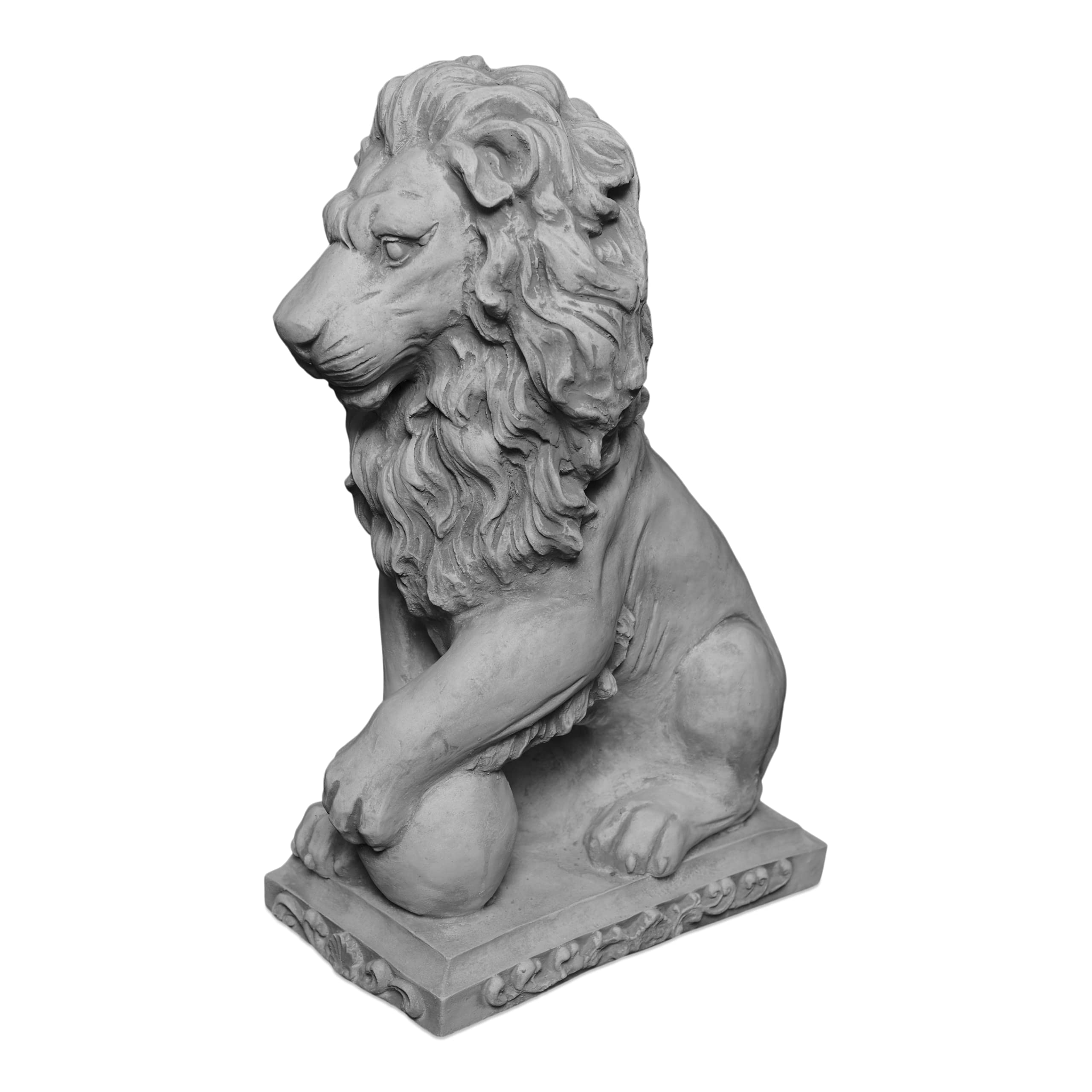 gartendekoparadies.de Statuen Löwen mit Kugel, Steinfigur aus Steinguss, H. 47 cm, je 21 kg, Grau, Frostsicher für Außenbereich (Löwe Links)