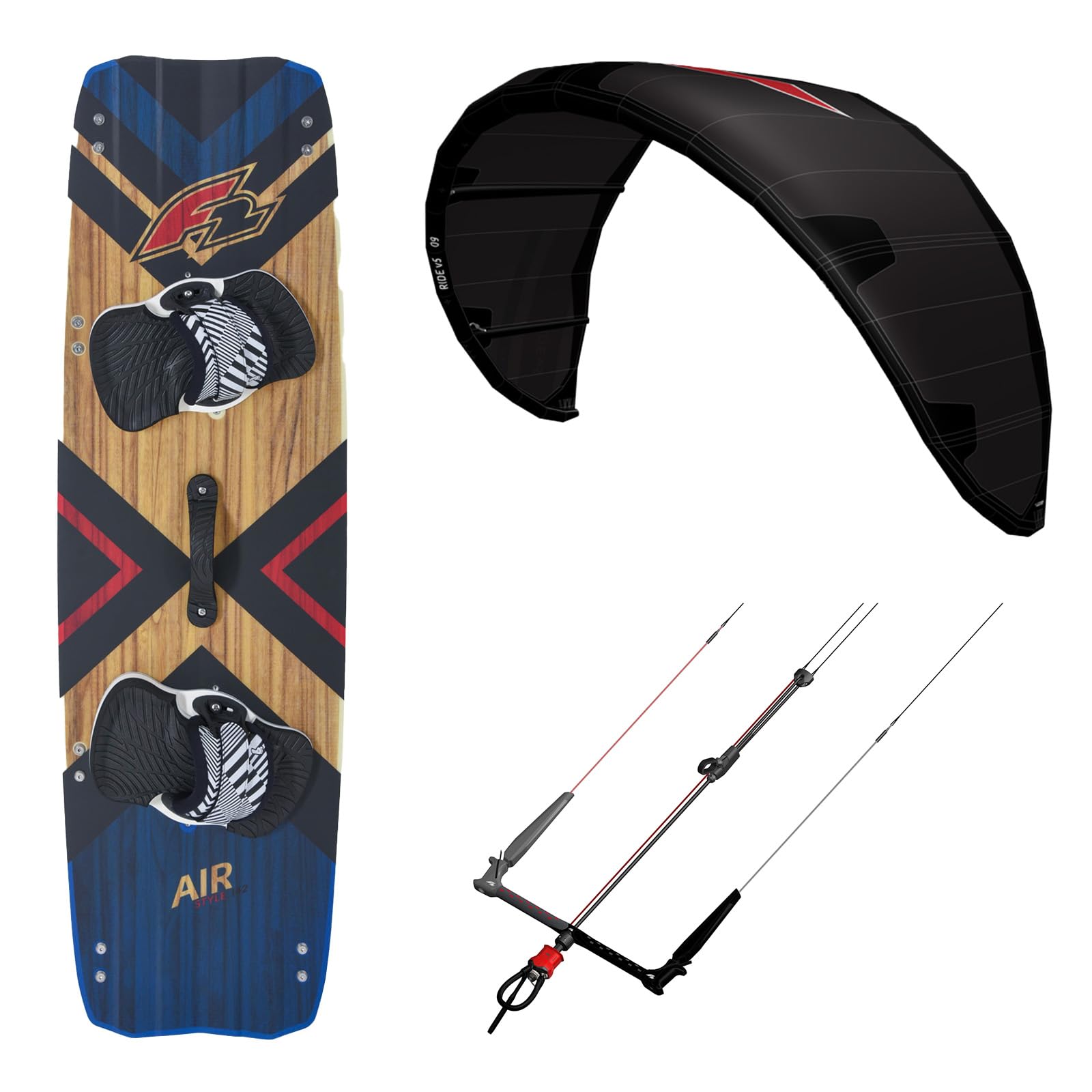 F2 Set Kite Ride V5 7qm + Kiteboard Air Wood 137cm + Control Bar 46cm