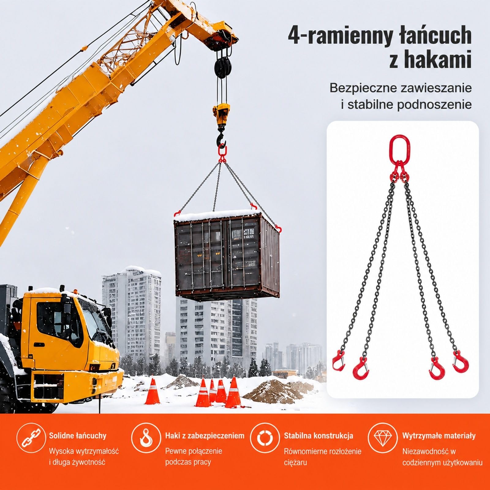 Zawiesie łańcuchowe z 4 hakami, stal stopowa, akcesorium do wciągnika, mocowania ładunku i holowania