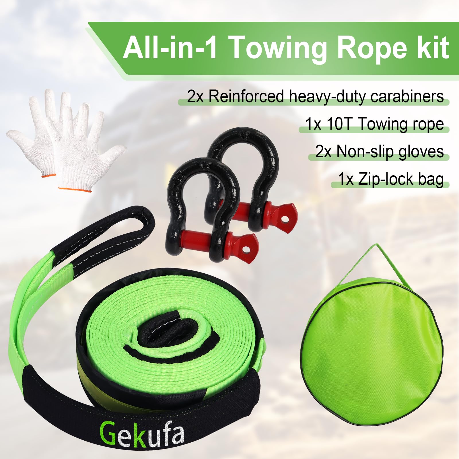 Corda di traino 5 m x 5 cm, 10 tonnellate (10 kg) cinghia di traino per recupero fuoristrada con 2 guanti anti-prova e 2 ganci rinforzati (verde)