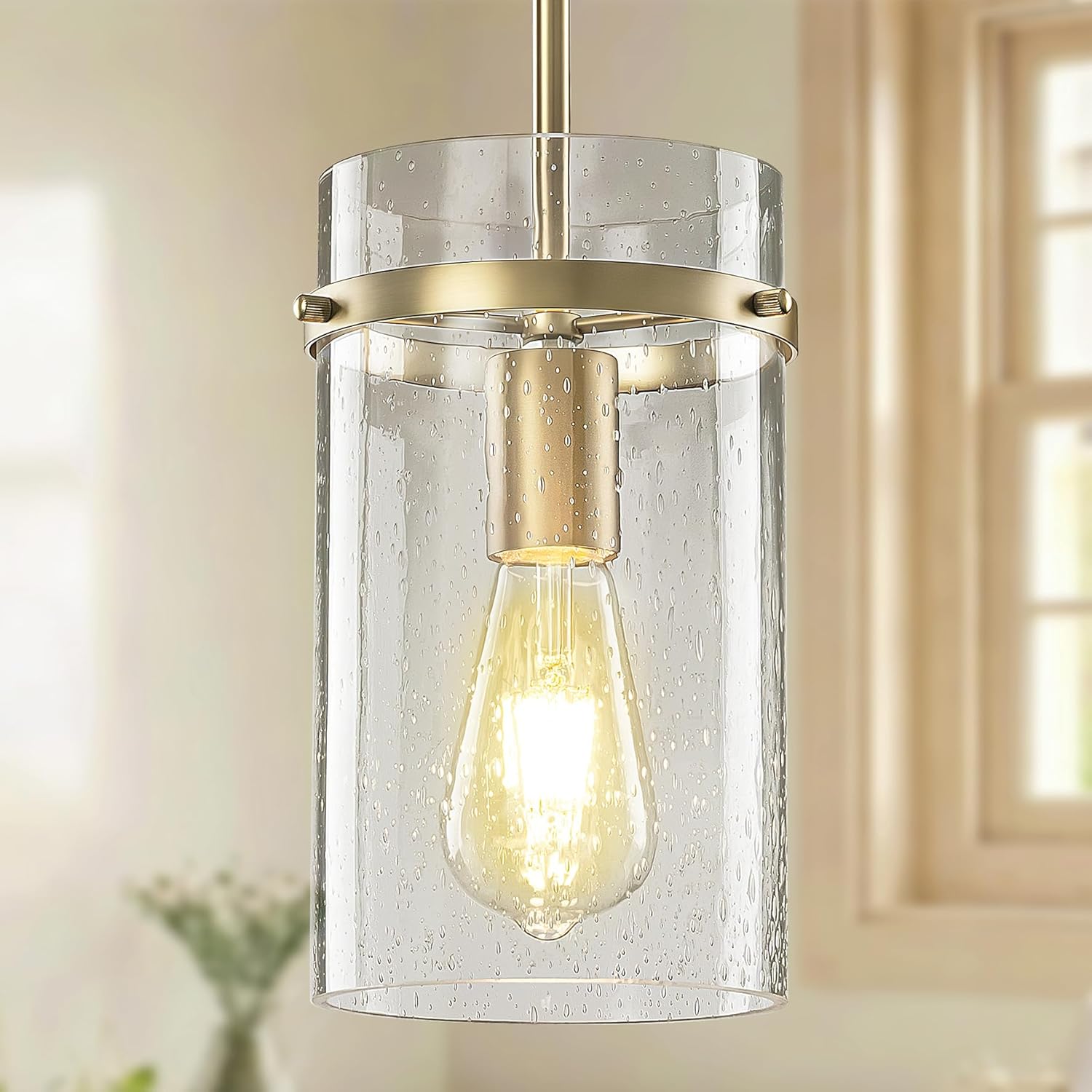 1 Pack Seeded Glass Pendant Lights Kitchen Island, Hanging Modern Pendant Light Fixtures, 5.5" Matte Gold Pendant Lighting Island Lights for Kitchen Over Sink Entryway Hallway