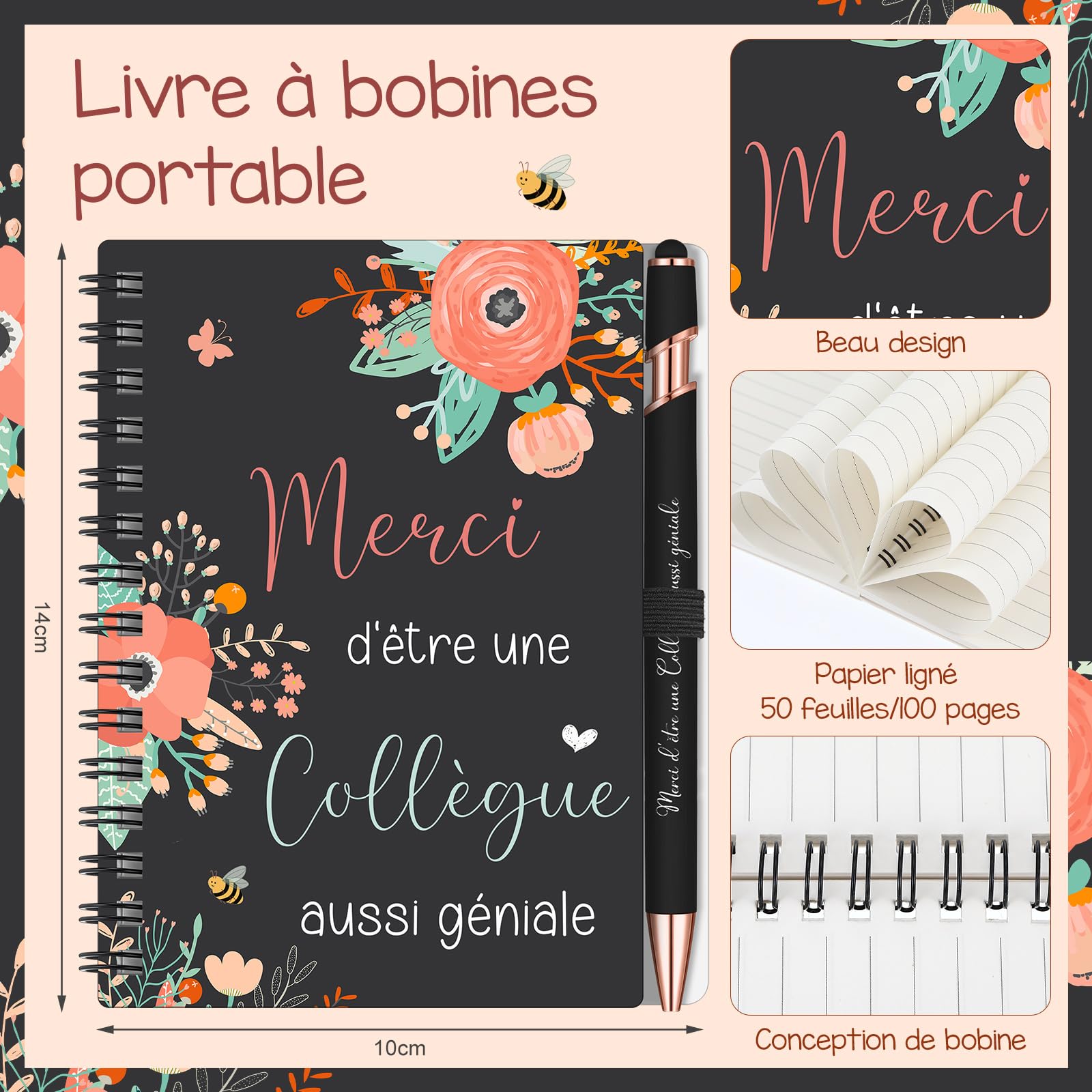 Cadeau Départ Collègue Femme - Set 3 Pièces Carnet, Stylo, Porte-Clés - Message 