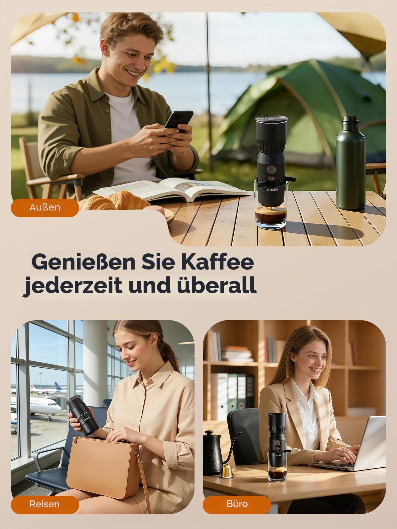 CONQUECO Tragbare Espressomaschine für Unterwegs: Mini Kaffeemaschine to go Akku - 160ml Tassen Kaffeeextraktion - für gemahlenen kaffee und NS kapseln (Keine Selbstheizung)