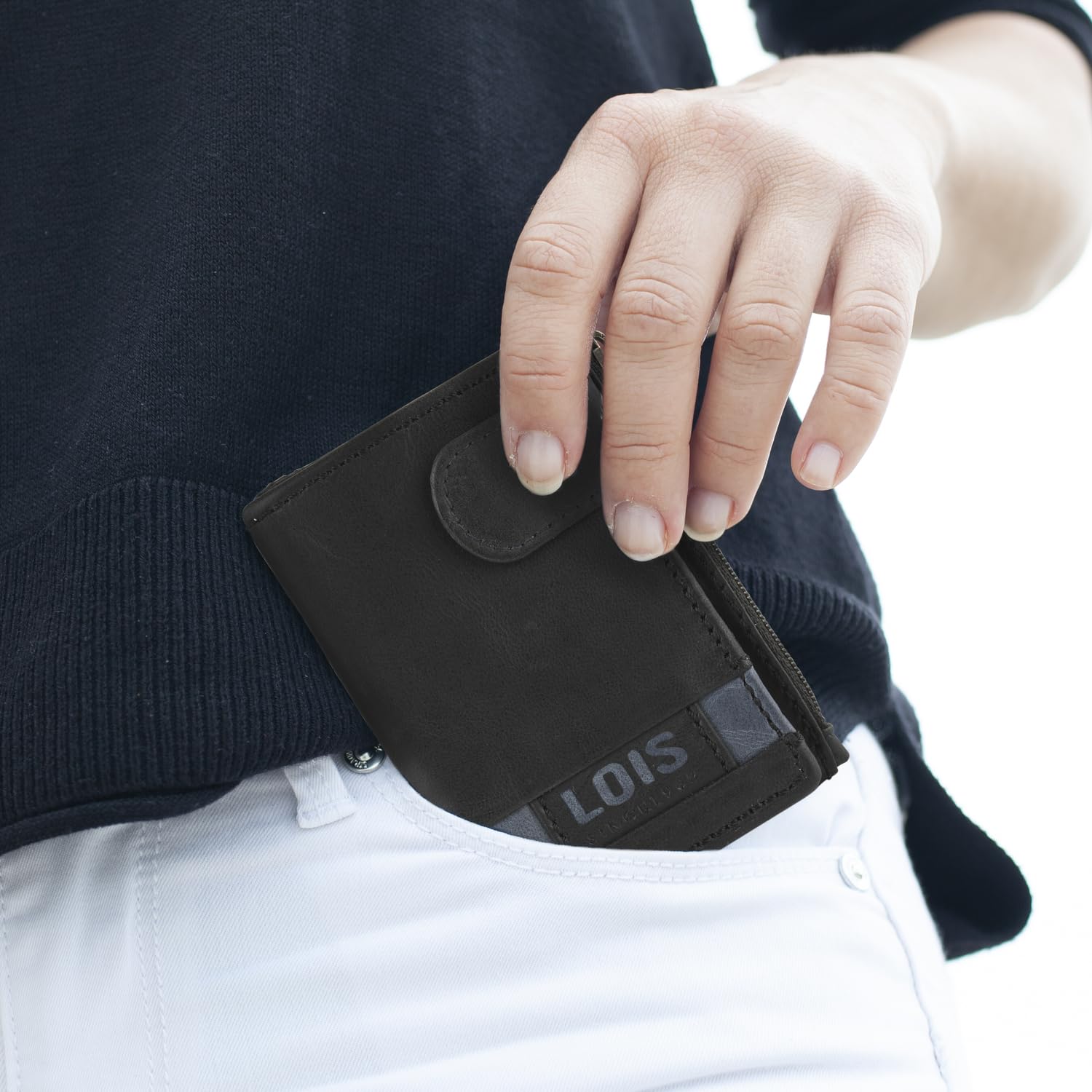 Lois Cartera de Piel Hombre con Monedero Exterior y Tarjetero, Protección RFID, Negro-Azul