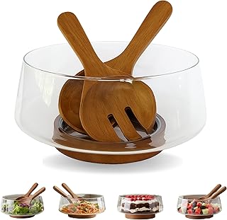 Large Glass Salad Bowl Set with Acacia Wood Base & Salad Servers – Elega...