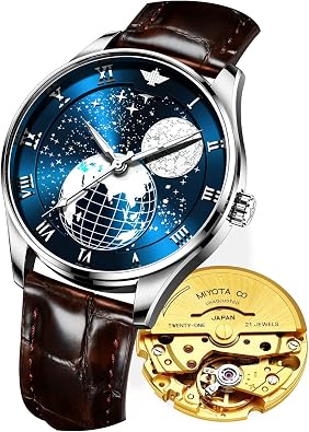 OUPINKE Watches for Men Leather Brow Blue Automatic Moon Phases Japanese Movement Starry Mechanical Waterproof Business