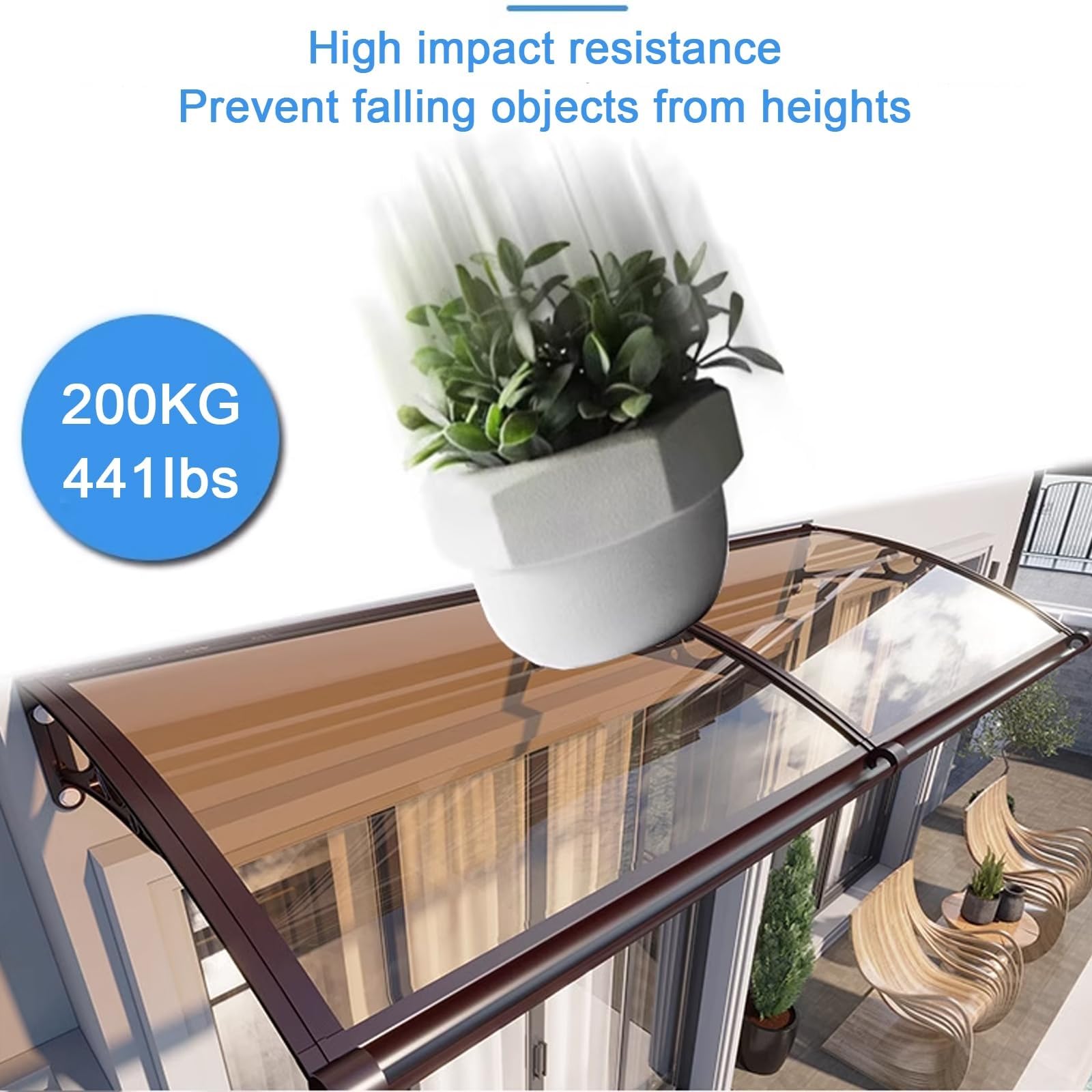 Toldo para puerta exterior, protección UV, cubierta de policarbonato, resistente a la corrosión, soporte de aluminio, protector de lluvia para puertas delanteras, 100 x 380 cm, refugio resistente a la