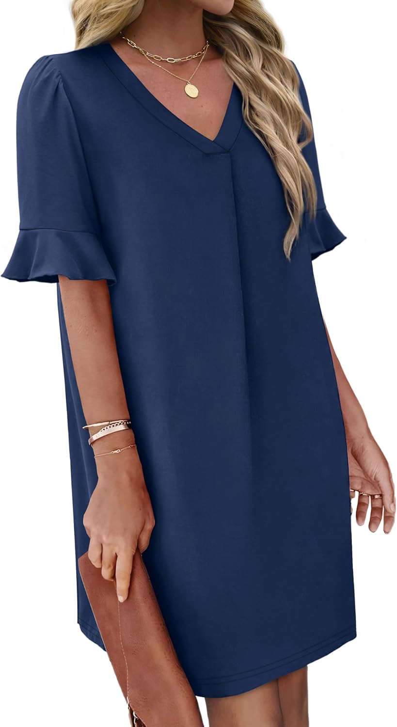 OFEEFAN Summer Dresses for Women Ruffle Short Sleeve V Neck Casual Shift Dress with Pockets - Image 3