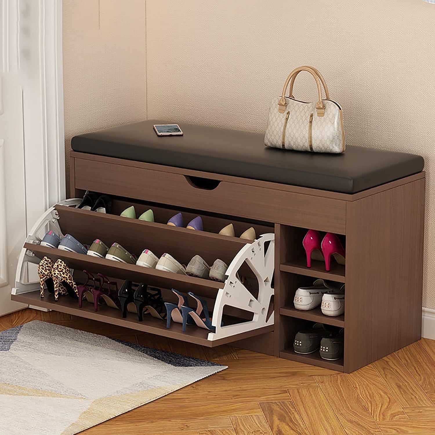 Banc de rangement à chaussures à fermeture automatique et étagères réglables