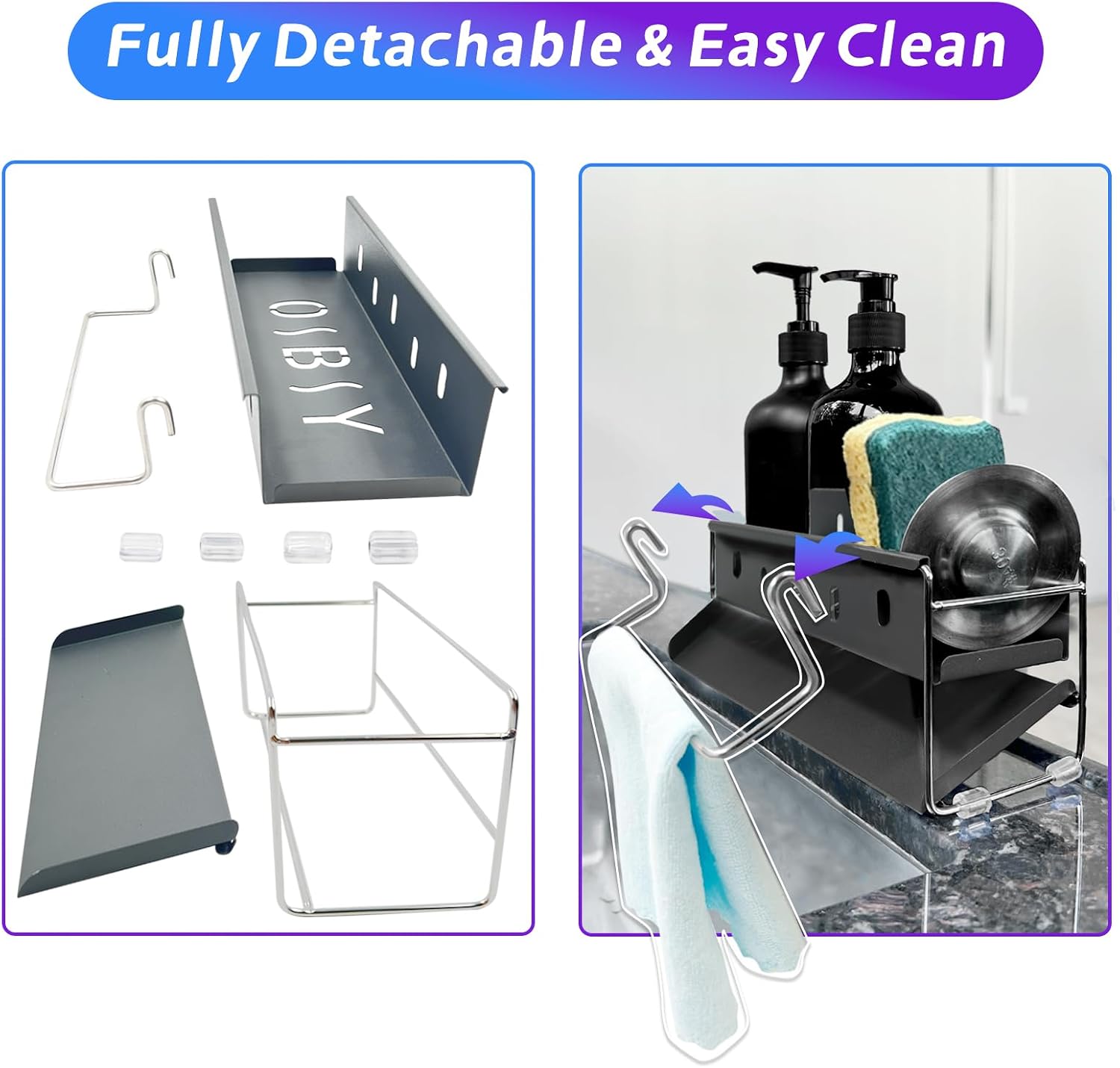 Daily Treasures Sponge Holder for Kitchen Sink, 45° Slope Auto-Draining Tray - Stainless Steel Sink Caddy with Detachable Towel Rack, Non-Slip Narrow Fit Soap Dispenser Organizer for Small Sinks(Grey)