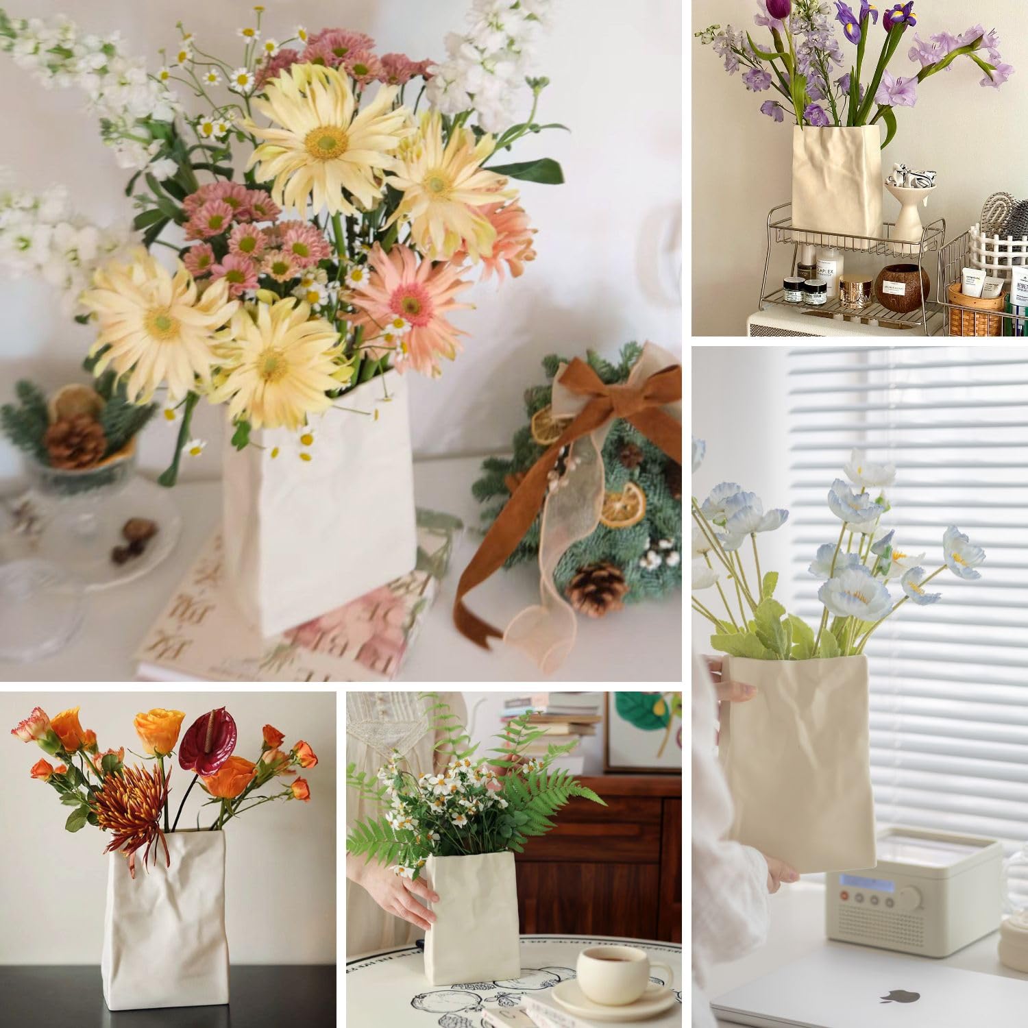 WENSHUO Crinkle Paper Bag Shape Ceramic Vase, Large Capacity for Flower Arrangement, Bookshelf Decorative (Matte Crème)