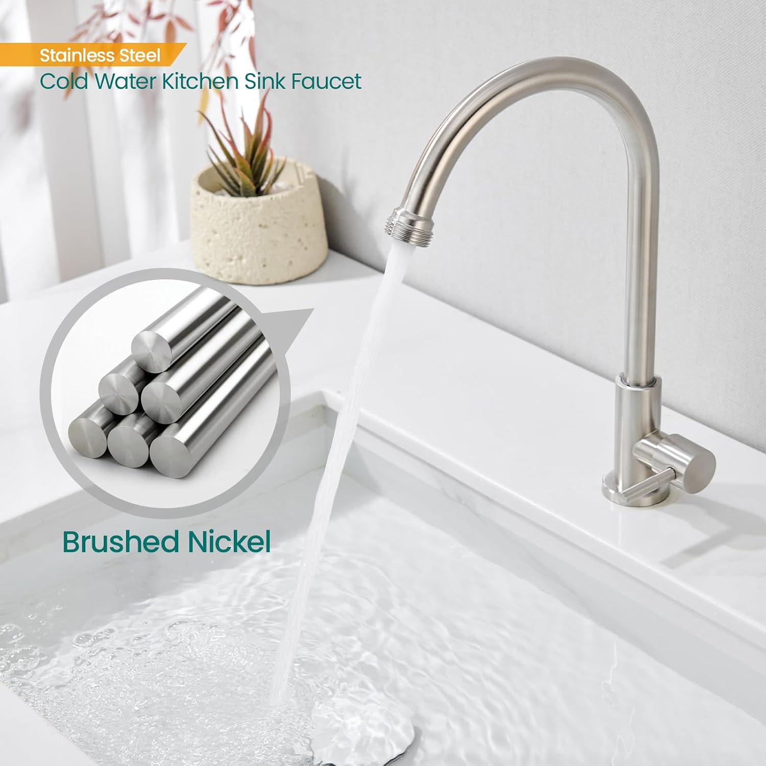 Cold Water Faucet Only – Brushed Nickel Stainless Steel Single Hole Faucets High Arc Utility Sink Faucet for Laundry, Outdoor, 3/4'' Thread End Garden Hose Adapter
