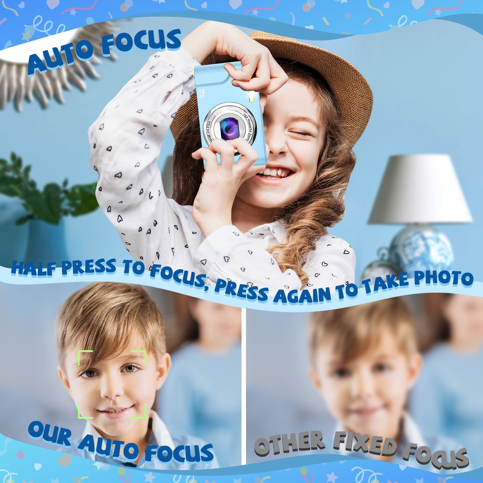 Digitalkamera, Bofypoo Fotokamera Autofokus 32G Karte FHD 1080P 48MP mit 16-fachem Digitalzoom, Kompaktkamera Tragbare Minikamera für Jugendliche, Kinder, Studenten, Anfänger (Dunkelblau)