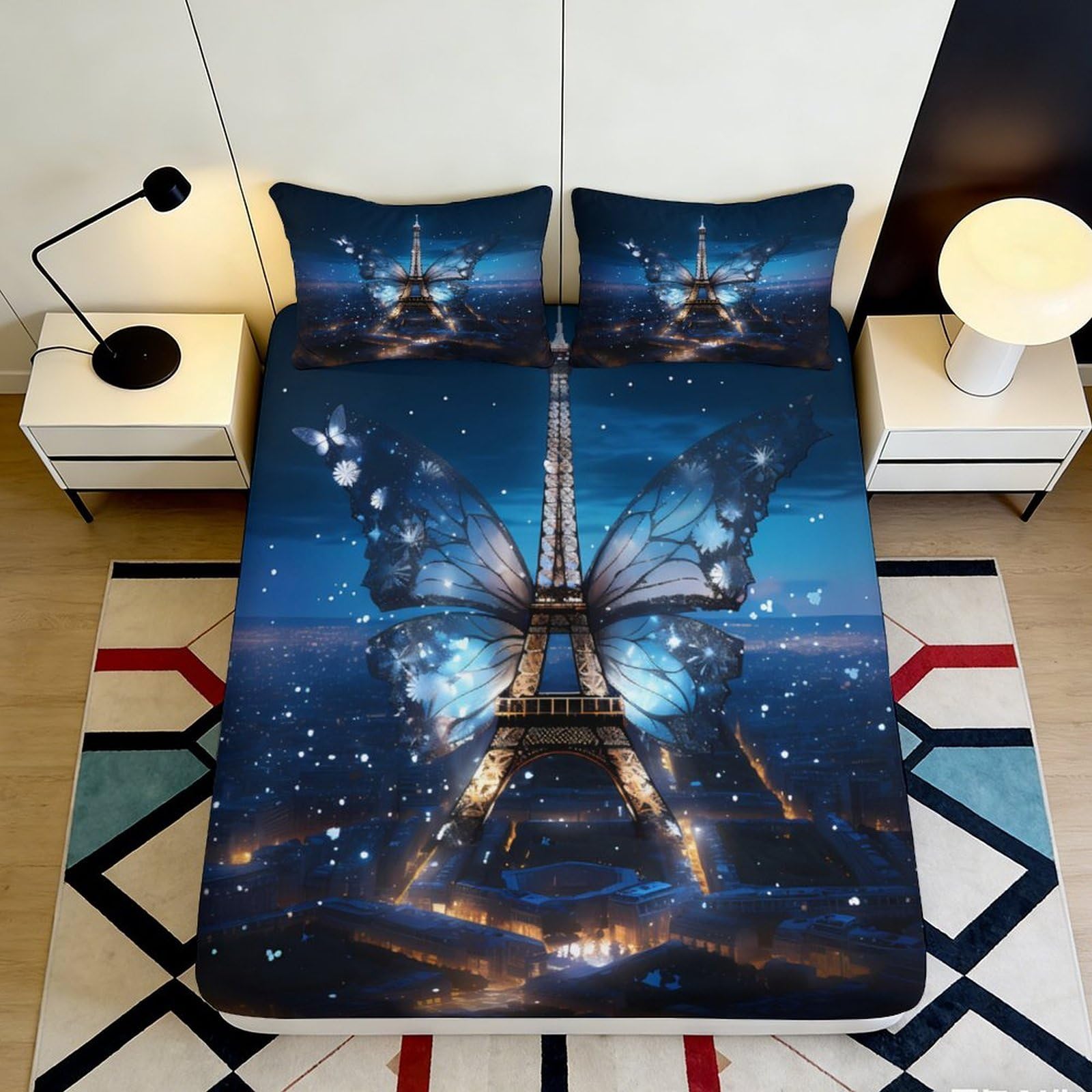 3D Printed Butterfly Eiffel Tower Fitted Sheet Microfiber Soft Breathable Night Sky Bed Cover for Bedroom Dormitory Guest Room Mattress Protection Decor 120x200x25cm