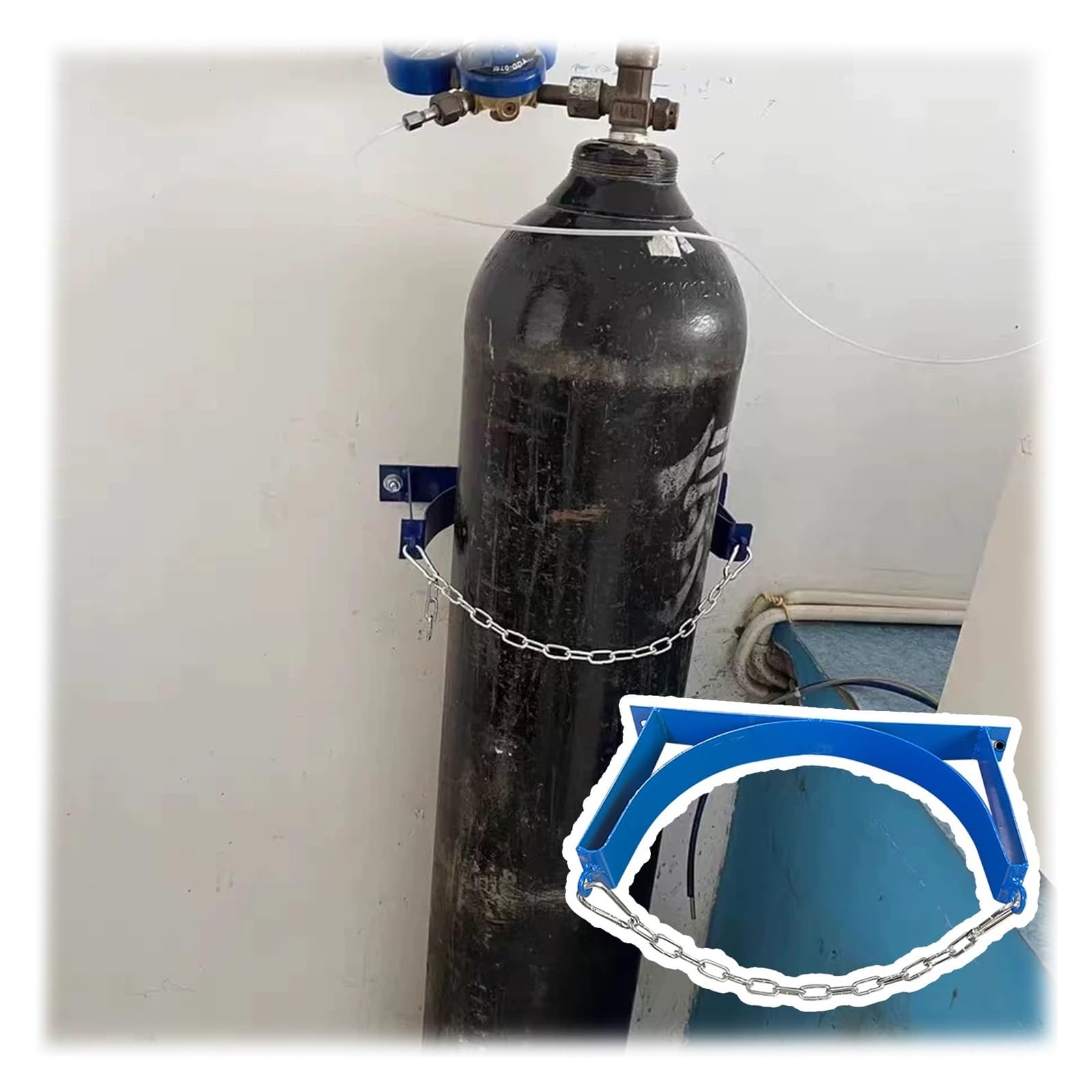 Wytrzymały uchwyt ścienny Oxyk z łańcuchem bezpieczeństwa, propanem i uchwytem cylindrycznym do Gara, fabryki, szkoły, regał Stora na 1 butelkę (35 cm)