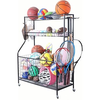 Garage Sports Equipment Organizer Garage Ball Organizer with Basket and Hook Ball Holder Garage Garage Ball Storage Toy Storage Rack