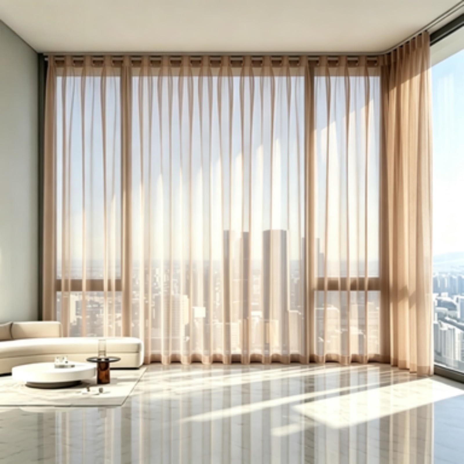 FEIJDON Sheer Tie-Top Window 145 x 195 cm Elegant Sheer Tulle, Airy Soft Net Curtains Curtains – Energy-Saving Privacy Panels with UV Light for Kitchen, Patio, Hotel, Light brown