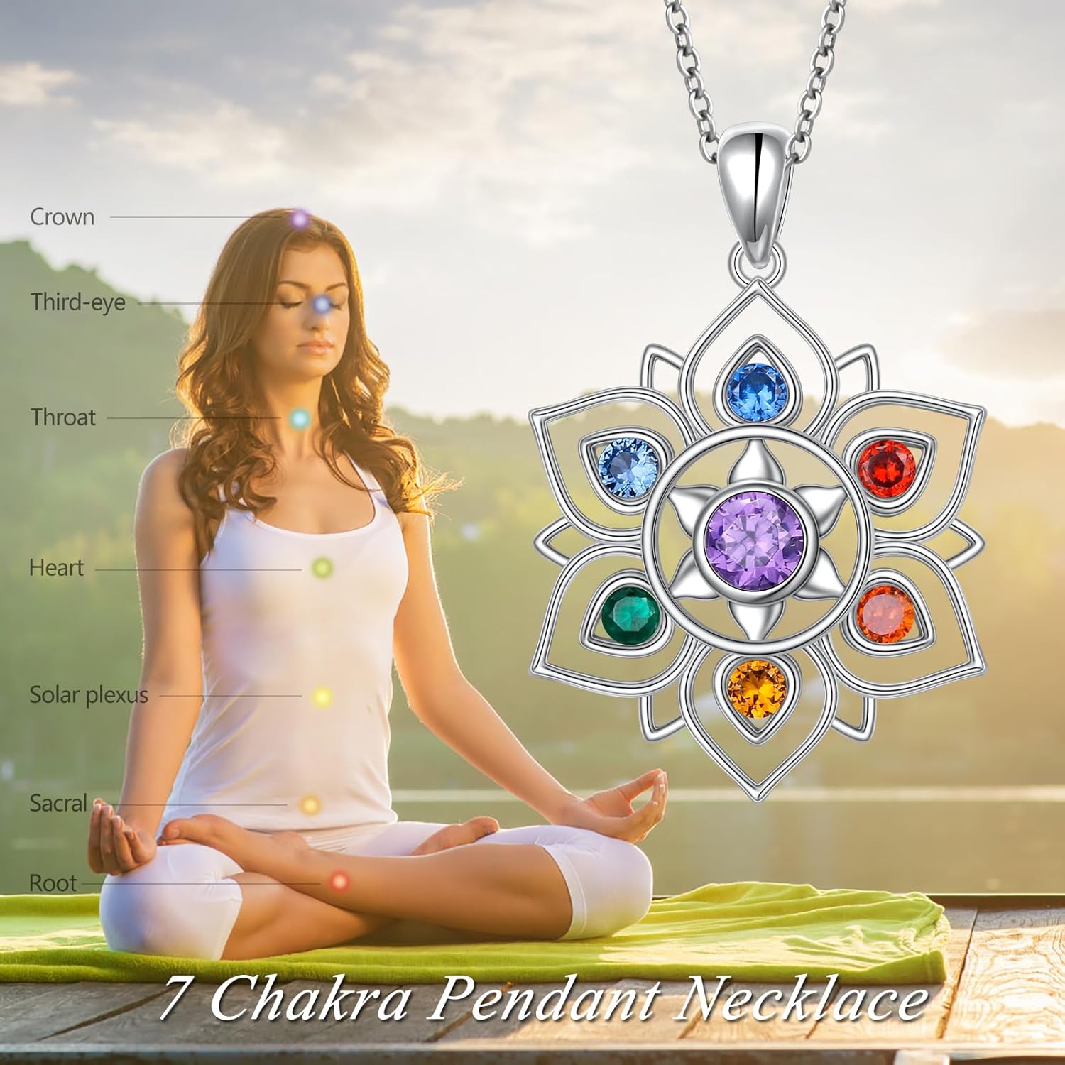 FLYOW 7 Chakra Necklace 925 Sterling Silver Lotus Flower Rainbow Stones Yoga Chakra Energy Balance Pendant Jewelry Christmas Gifts for Women Spiritual Healing - Image 2