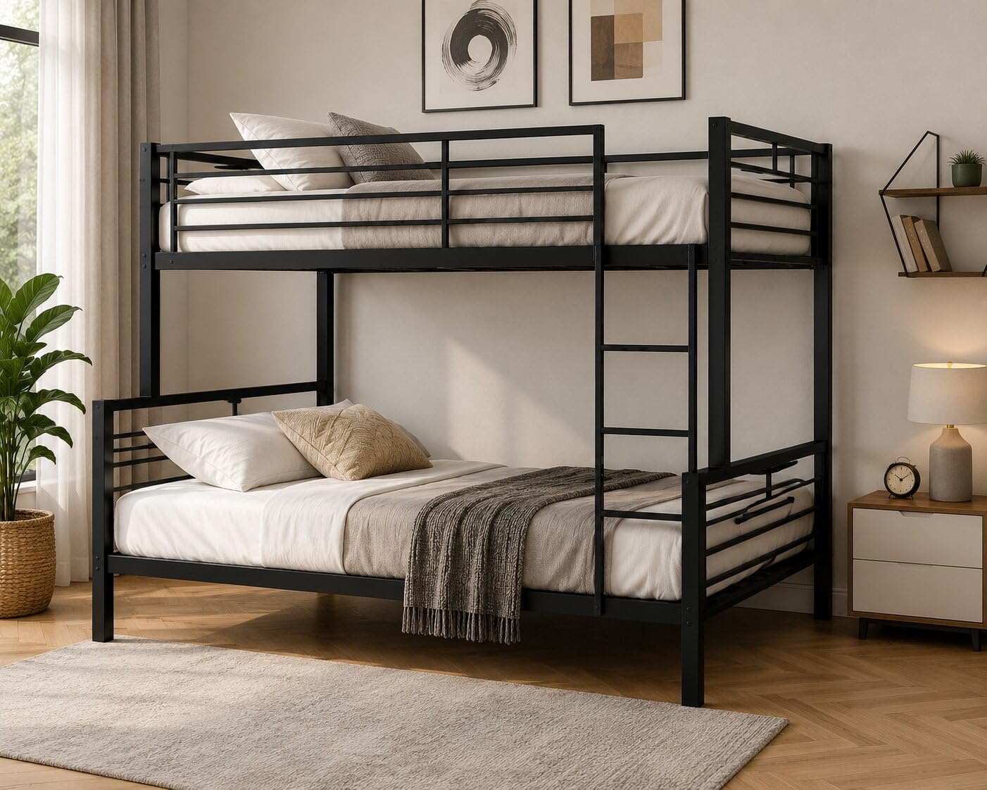White Metal Twin Over Full Bunk Bed with Ladder & Guardrails, Heavy Duty Steel Platform Bed Frame, Noise Free, No Box Spring Needed, Space Saving Bed for Kids, Teens & Adults-image-29
