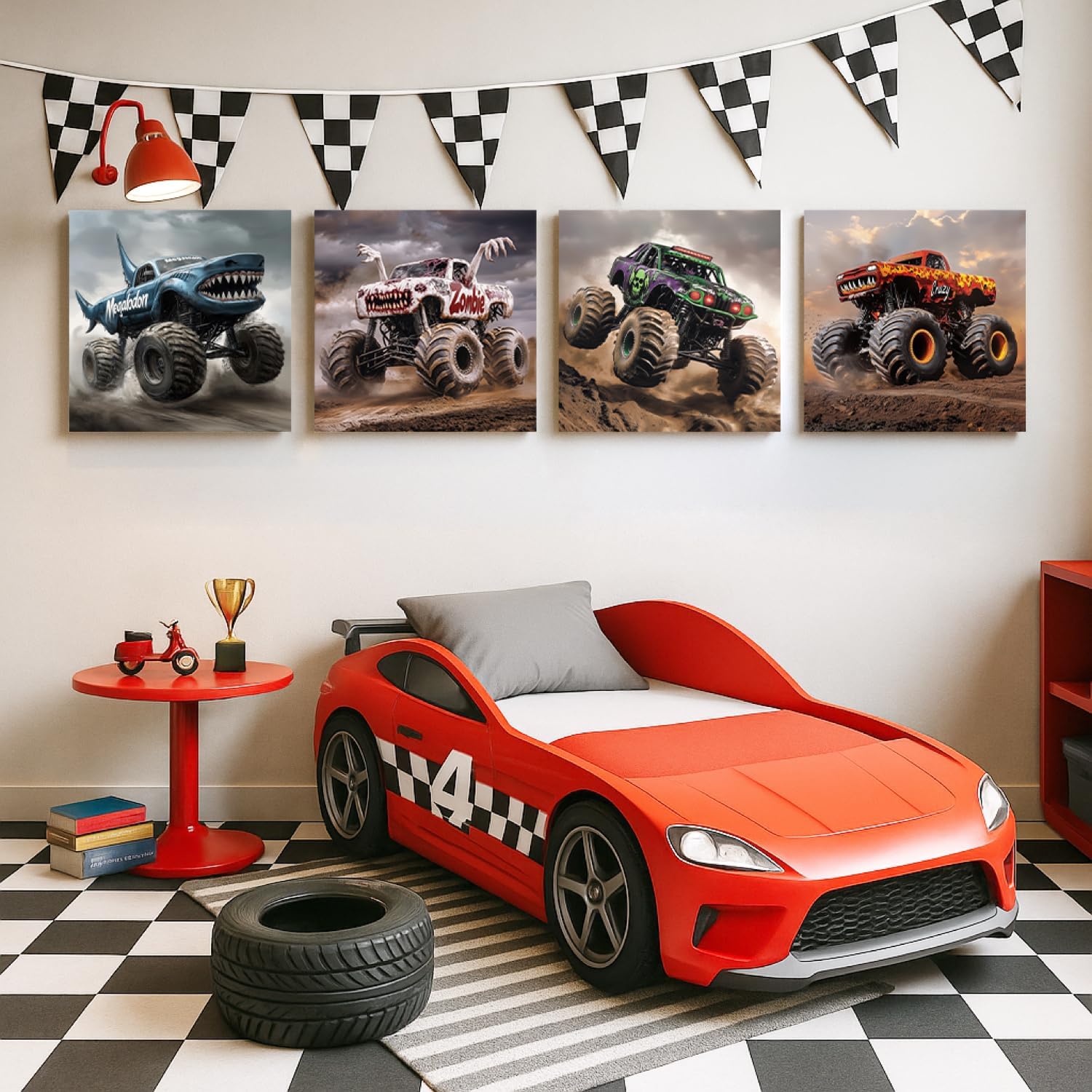 CAZLOUC Monster Truck Wall Decor Set of 4, Boys Room Canvas Wall Art, Funny Kids Racing Car Aesthetic Pictures, Modern Trucks Adventure Poster Prints for Bedroom Playroom 12x12 Inch
