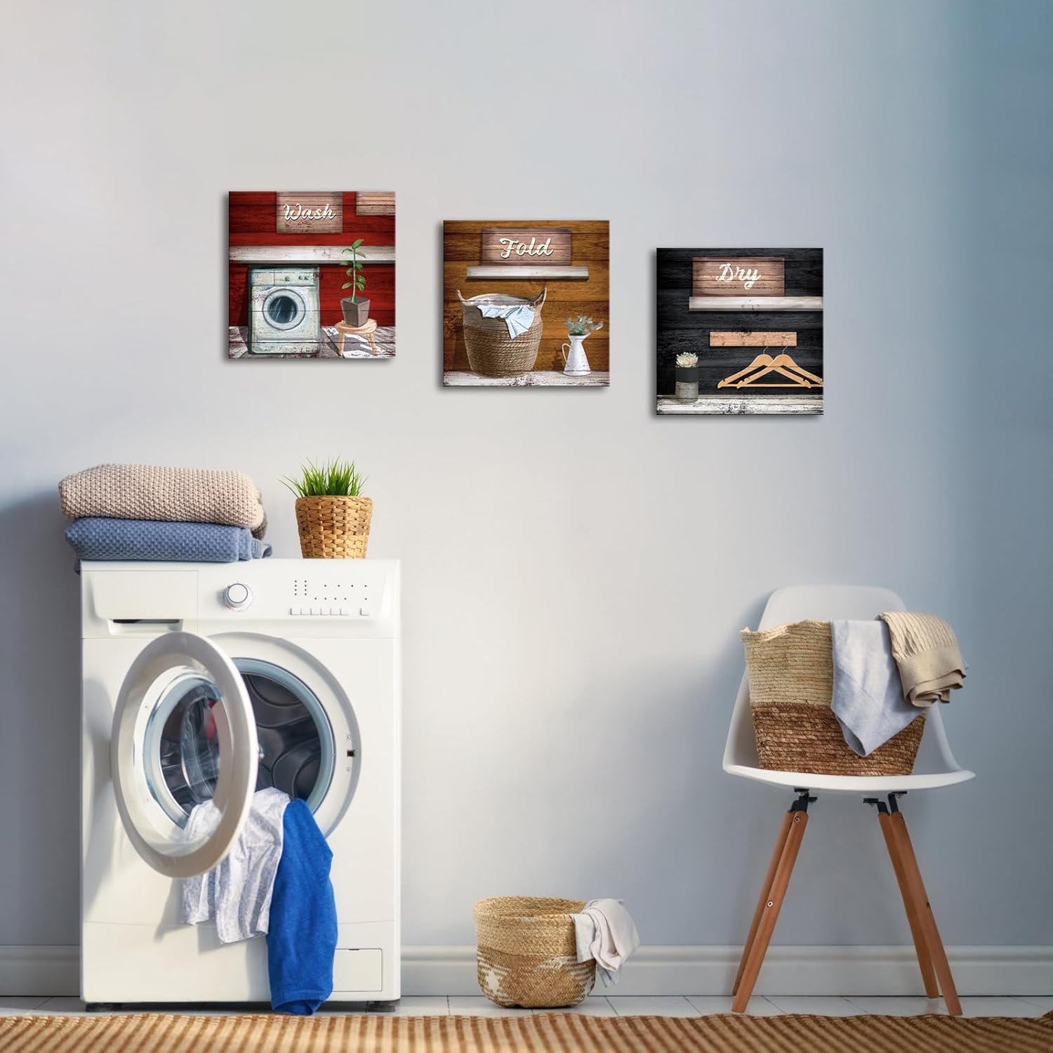 sechars Laundry Room Canvas Wall Art Wash Dry Fold Laundry Signs Painting Vintage Brown Red and Black Wall Decor for Country Farmhouse Hotel