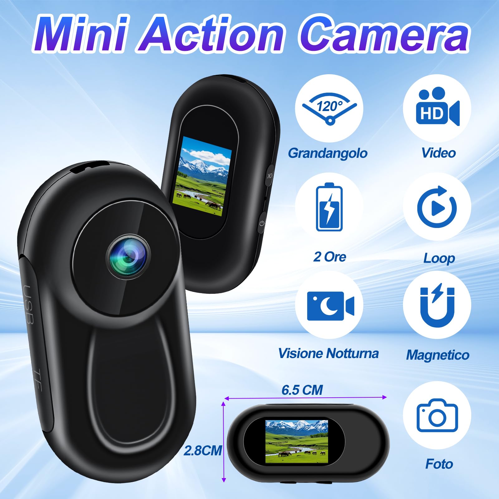 Mini Bodycam 1080P Schermo 0,96" Supporto Magnetico, Visione Notturna | leggero 27,5g, batteria 120min, grandangolo 120°, 7 supporti, 256GB SD, ricarica USB-C, 6 LED IR