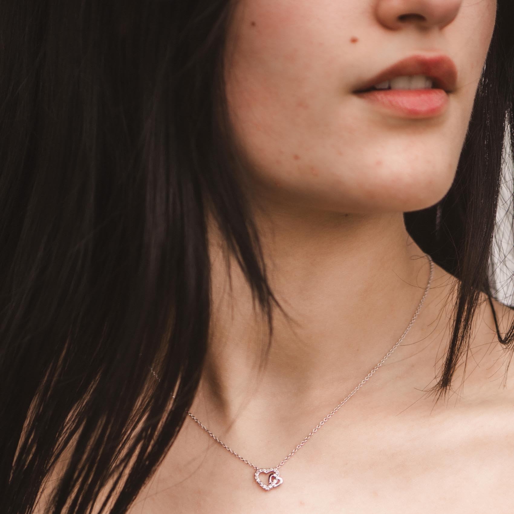 Damen Kette Herz Anhänger Halskette 925 Sterling Silber, Herzkette 2 Herzen | Echtsilber zwei verschlungene Herzen, Echt Silberkette mit Zirkoniasteinen, Schmuck Geschenk für Frauen Sie Frau Freundin