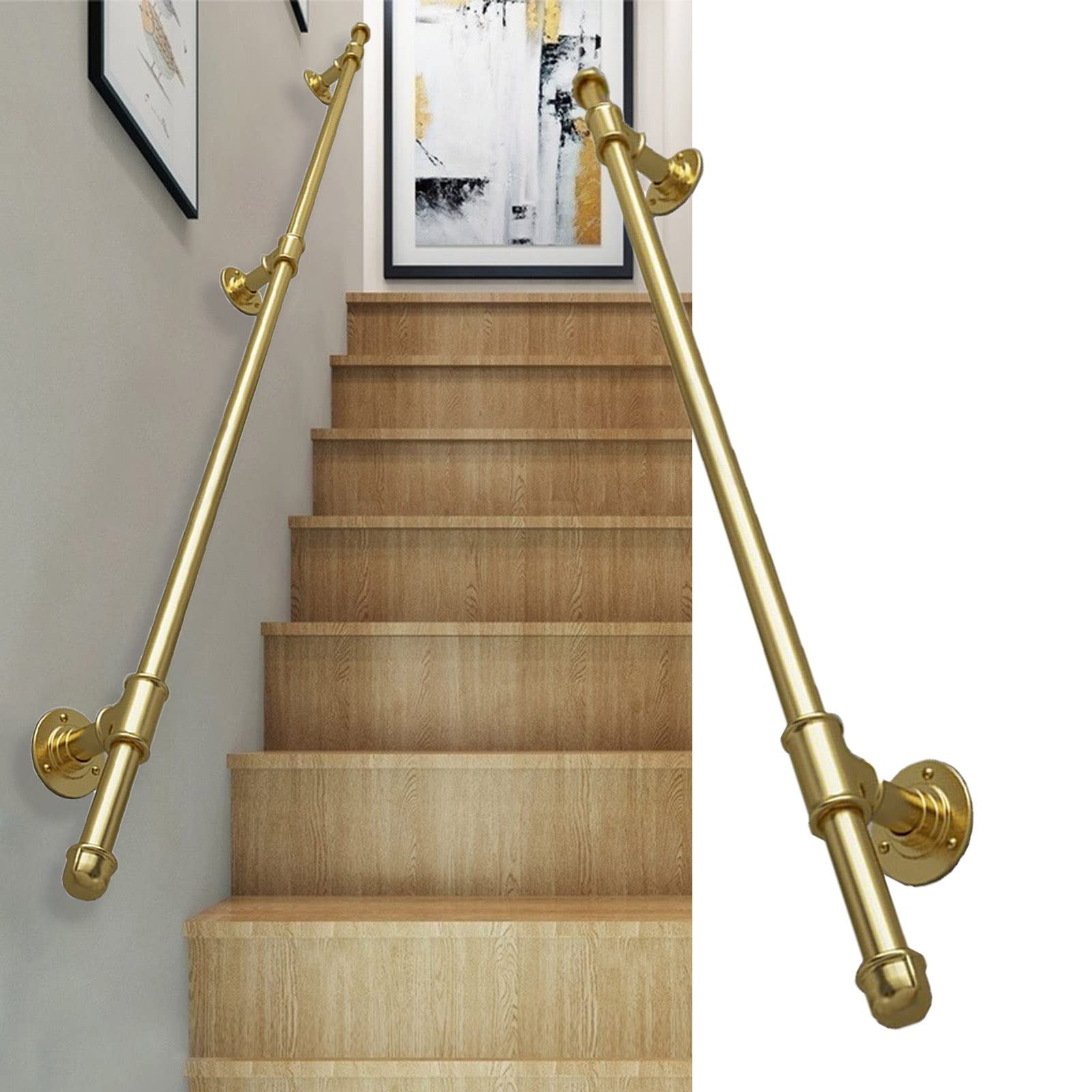 Mobyat Gold Stairs Handrail Support Kit 1M 1.5M 2M 2.5M 3M Home Corridor Attic Wall Mount Steps Safety Hand Rails Metal Wrought Iron Stairway Railing Outdoor Grab Rail/8Ft/240Cm