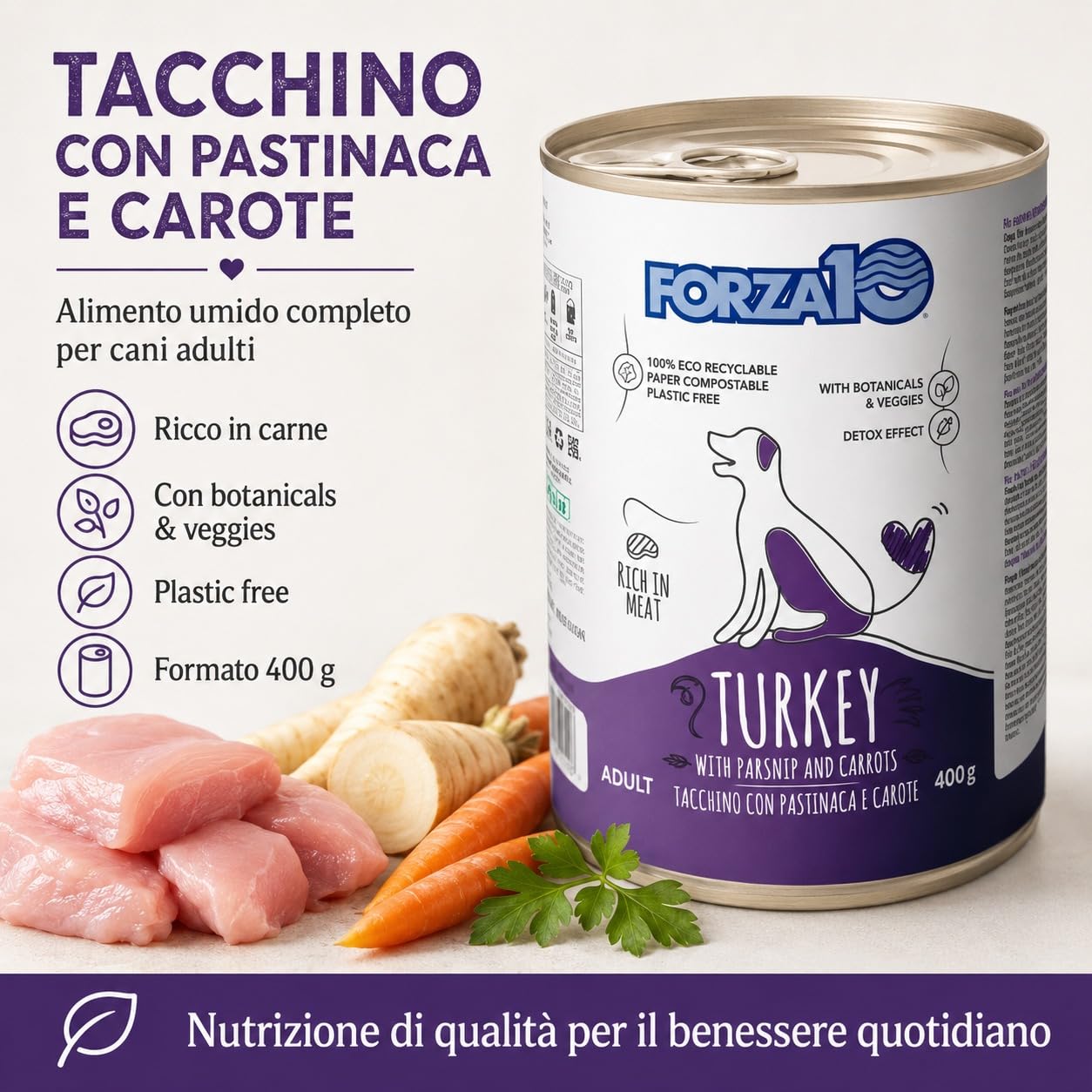 Tacchino,Pastinaca e Carote– Forza10 Cibo Umido per Cani Adulti di tutte le Taglie e Razze, Monoproteico, 12 Lattine x 400g, Alimento Completo Ricco in Carne.